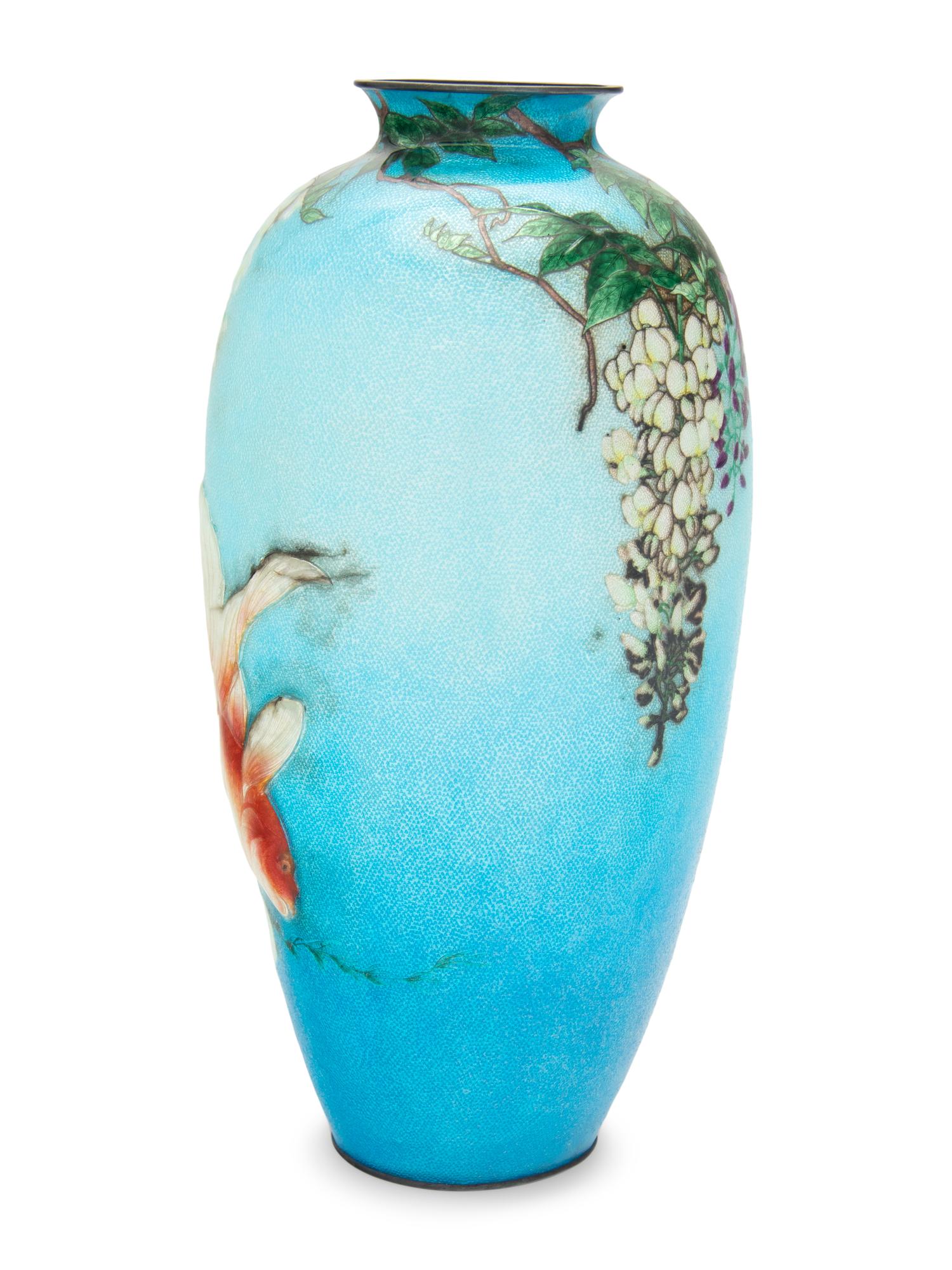 A Japanese Blue Ground Ginbari Cloisonné 'Goldfish and Wisteria' Vase