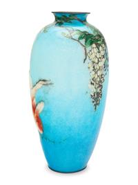 A Japanese Blue Ground Ginbari Cloisonné 'Goldfish and Wisteria' Vase
