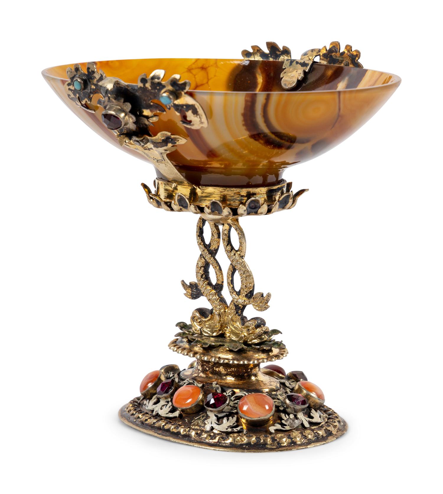 A German Enameled Silver-Gilt, Jewel and Carved Agate Cup