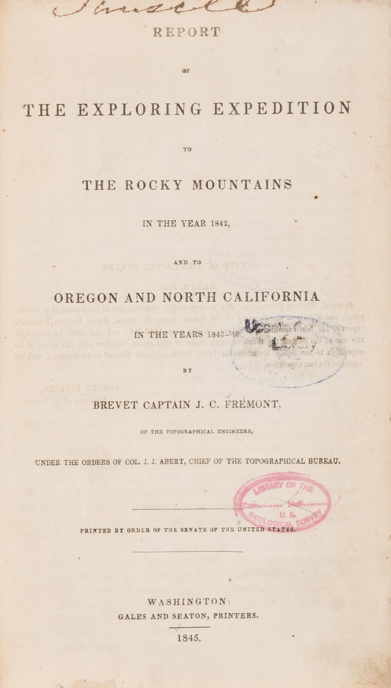 [Americana] Fremont, John Charles. Report of The Exploring Expedition to The Rocky Mountains in the year 1842, and to Oregon and North California in the years 1843-'44