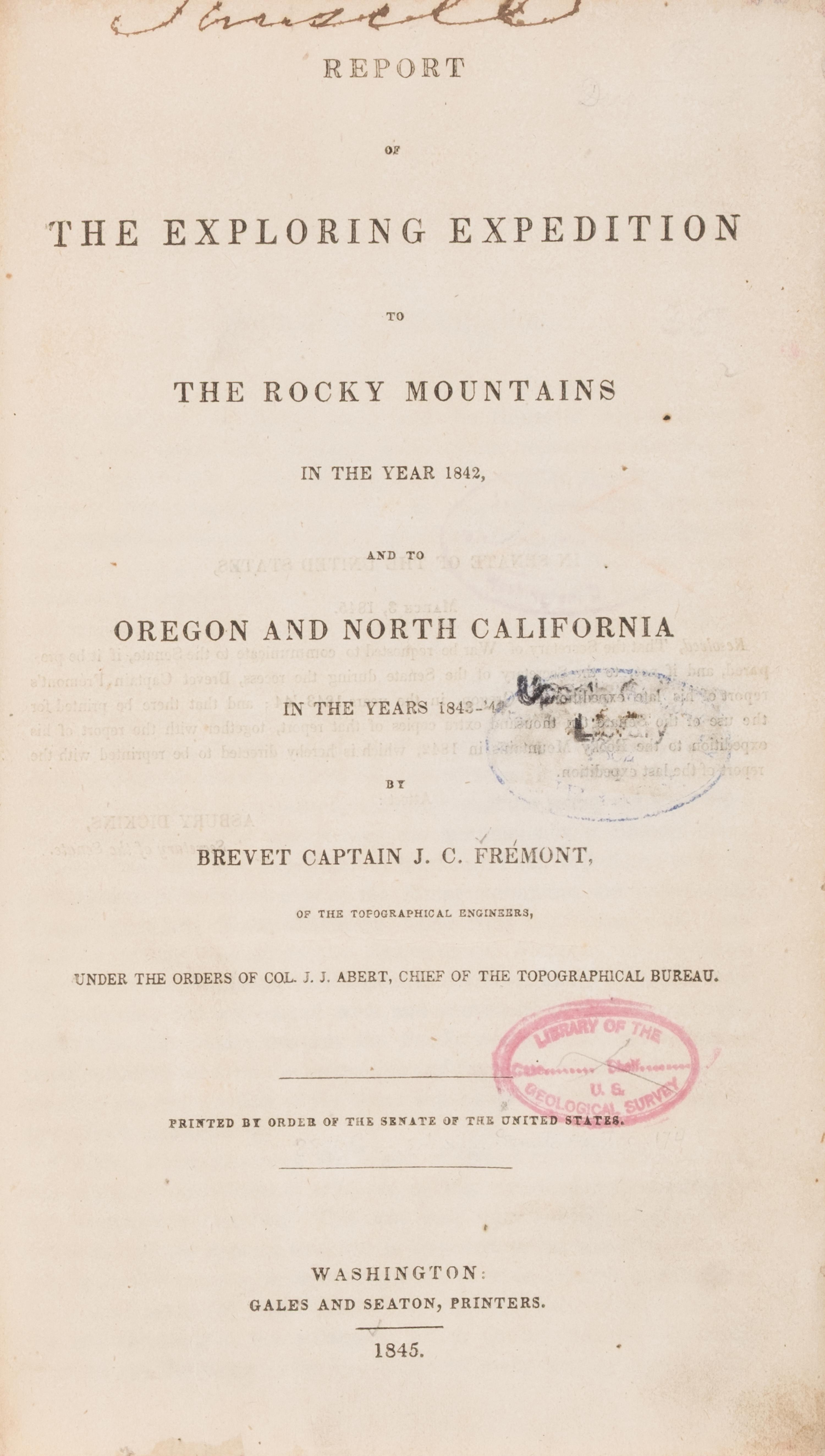 [Americana] Fremont, John Charles. Report of The Exploring Expedition to The Rocky Mountains in the year 1842, and to Oregon and North California in the years 1843-'44