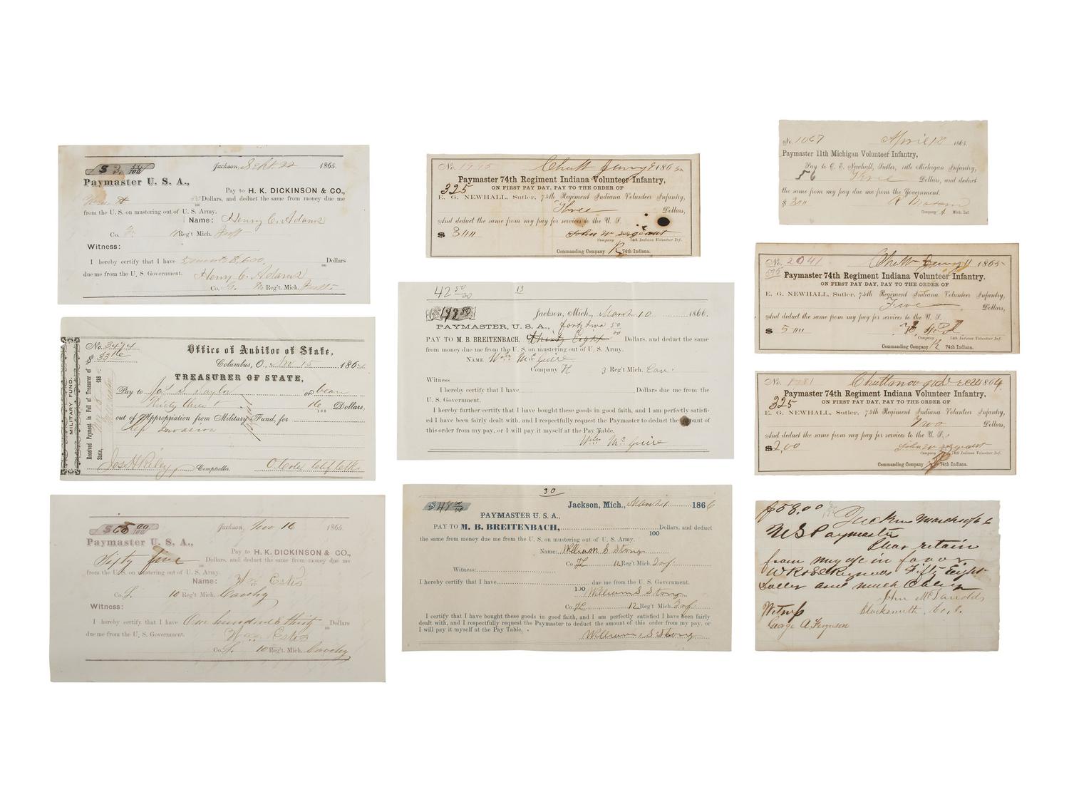 [CIVIL WAR]. Military sutler script from Michigan, Ohio, and Indiana regiments, plus.