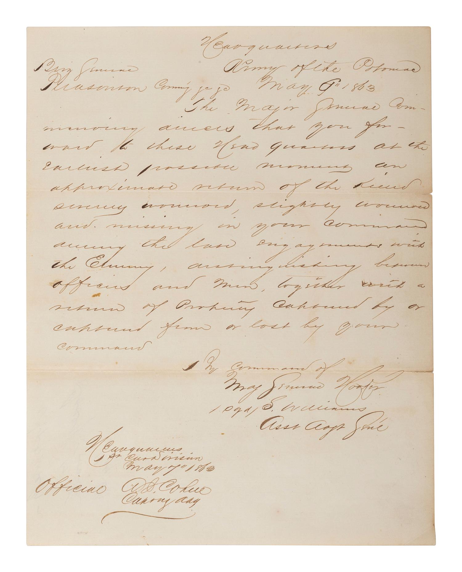 [CIVIL WAR]. HOOKER, Gen. Joseph (1814-1879). Endorsement signed ("Joseph Hooker") on request to General Alfred Pleasanton for casualty figures from the Battle of Chancellorsville.