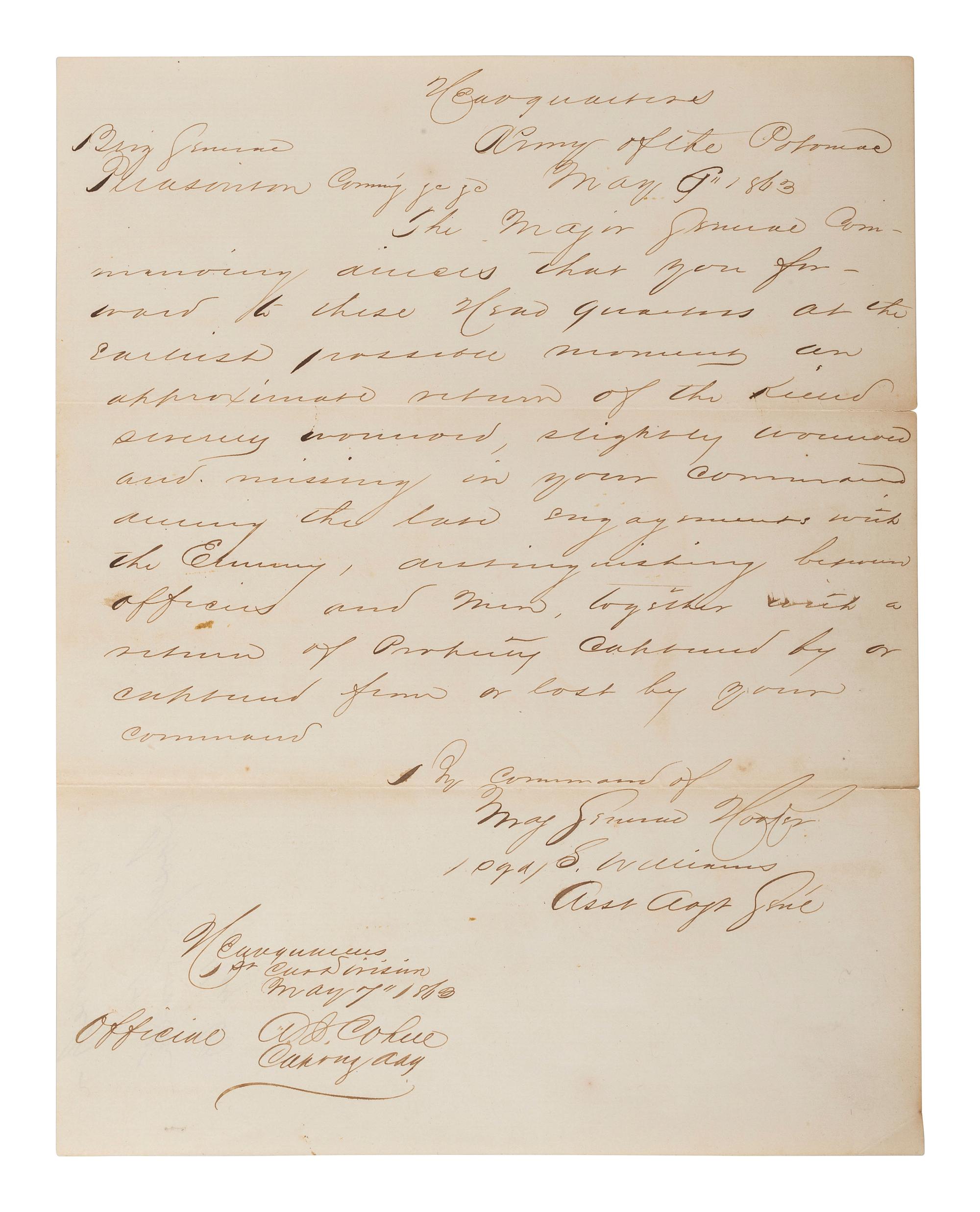 [CIVIL WAR]. HOOKER, Gen. Joseph (1814-1879). Endorsement signed ("Joseph Hooker") on request to General Alfred Pleasanton for casualty figures from the Battle of Chancellorsville.