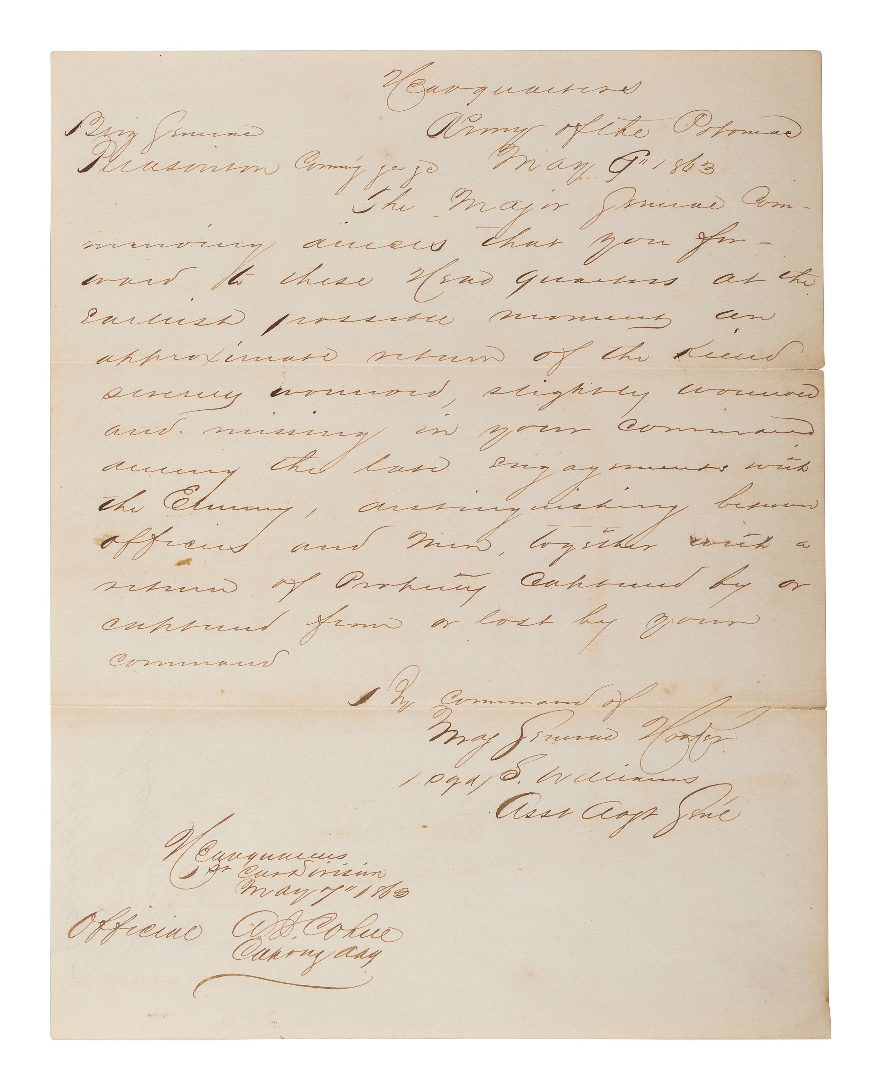 [CIVIL WAR]. HOOKER, Gen. Joseph (1814-1879). Endorsement signed ("Joseph Hooker") on request to General Alfred Pleasanton for casualty figures from the Battle of Chancellorsville.