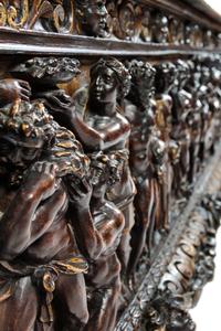 A Pair of Italian Renaissance Style Parcel Gilt Walnut Cassoni Height 32 x width 72 x depth 25 inches. — 19TH CENTURY WITH 17TH CENTURY ELEMENTS