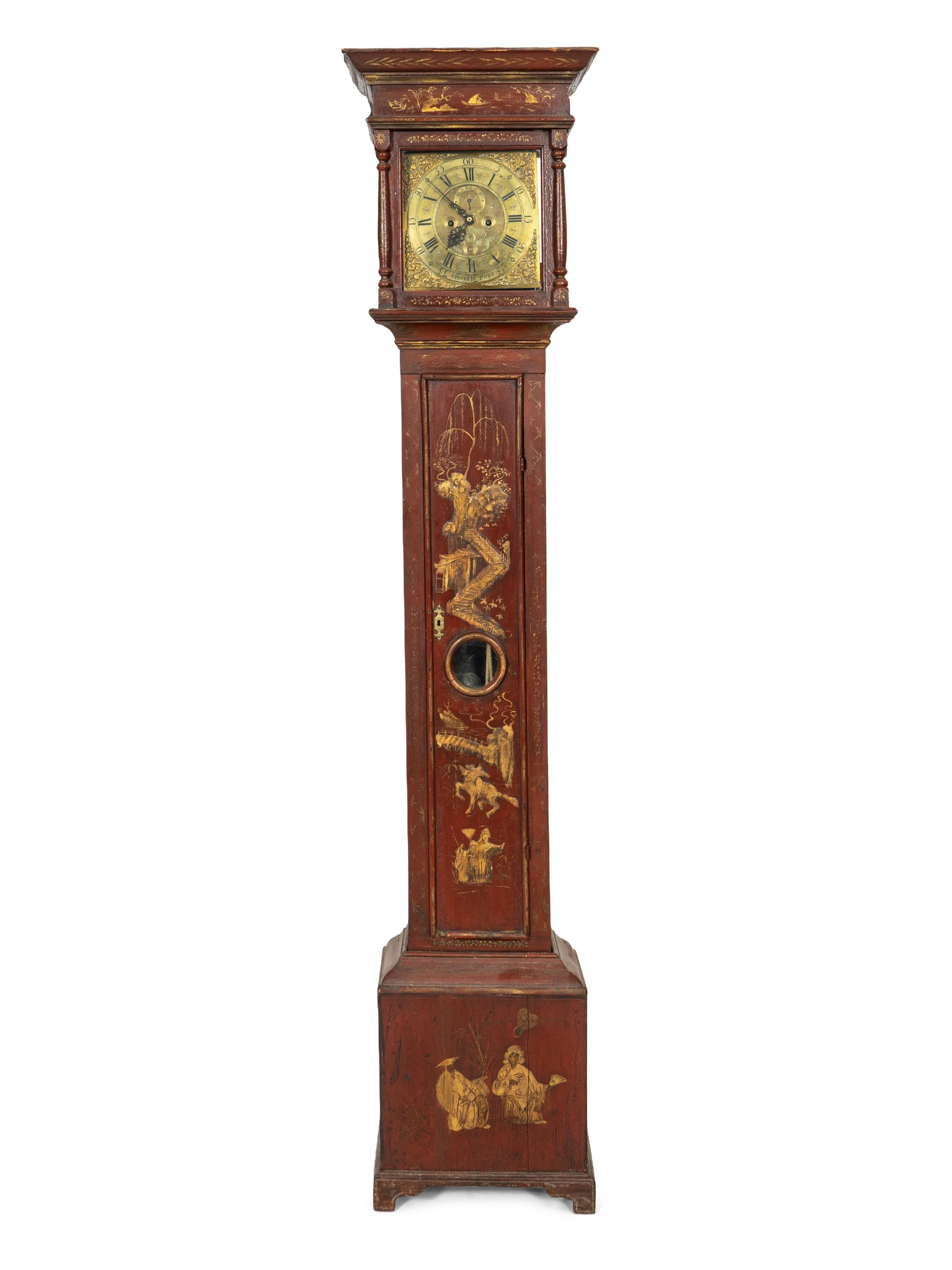 A George II Red Japanned Gilt Decorated Tall Case Clock
