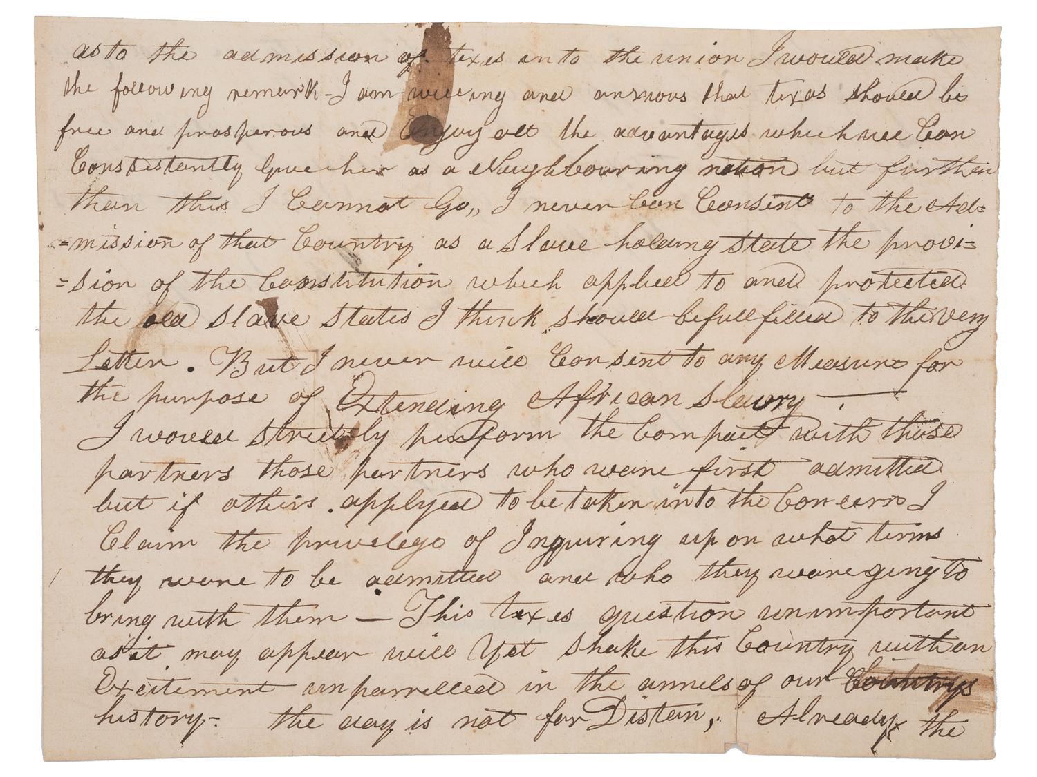 [SLAVERY & ABOLITION] -- [TEXAS] -- YOUNG, John (1802-1852). Manuscript "opinion on the Texes [ sic ] question" signed ("John Young") as U.S. Representative from the state of New York. 3 April 1837.