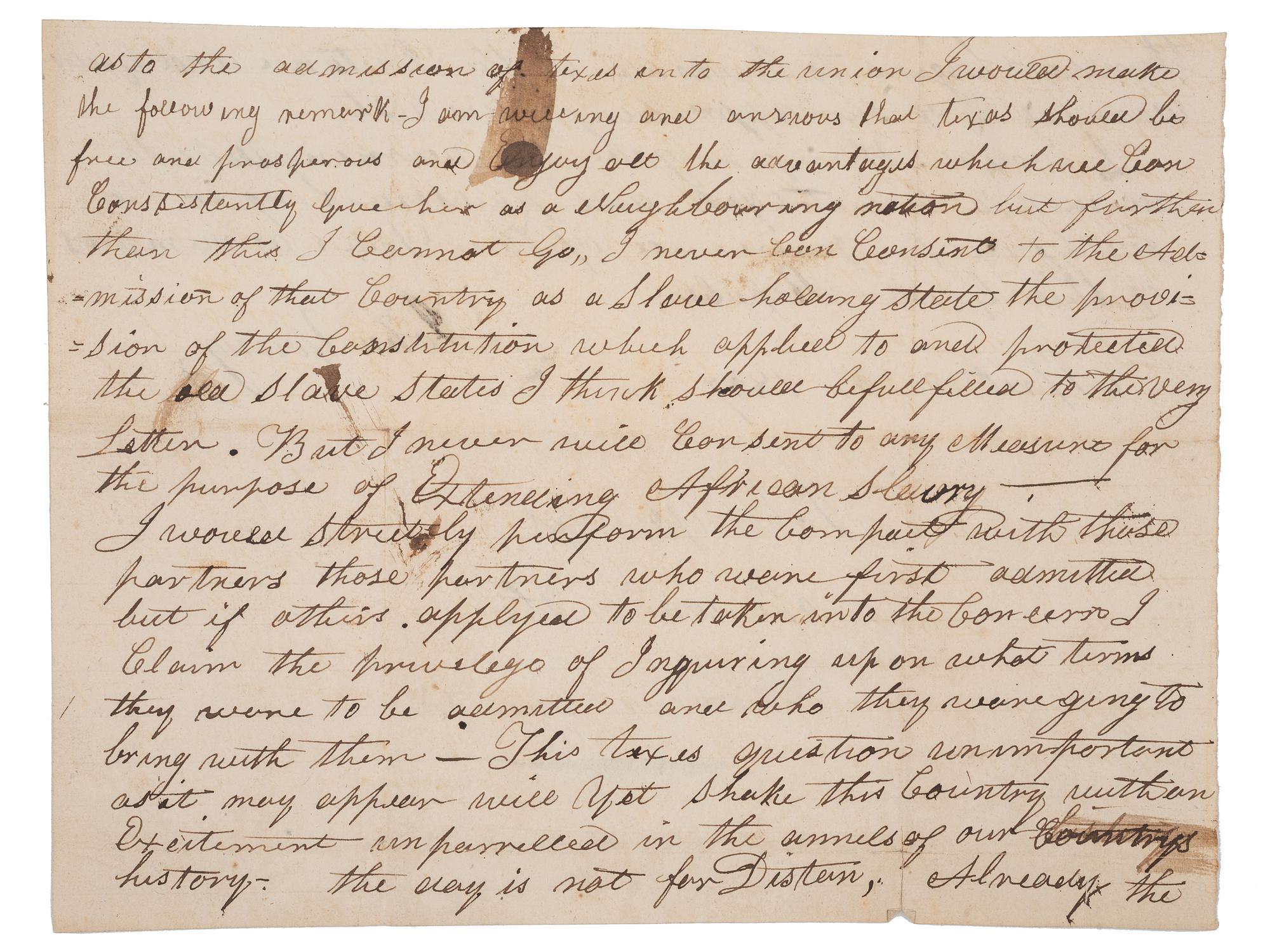 [SLAVERY & ABOLITION] -- [TEXAS] -- YOUNG, John (1802-1852). Manuscript "opinion on the Texes [ sic ] question" signed ("John Young") as U.S. Representative from the state of New York. 3 April 1837.