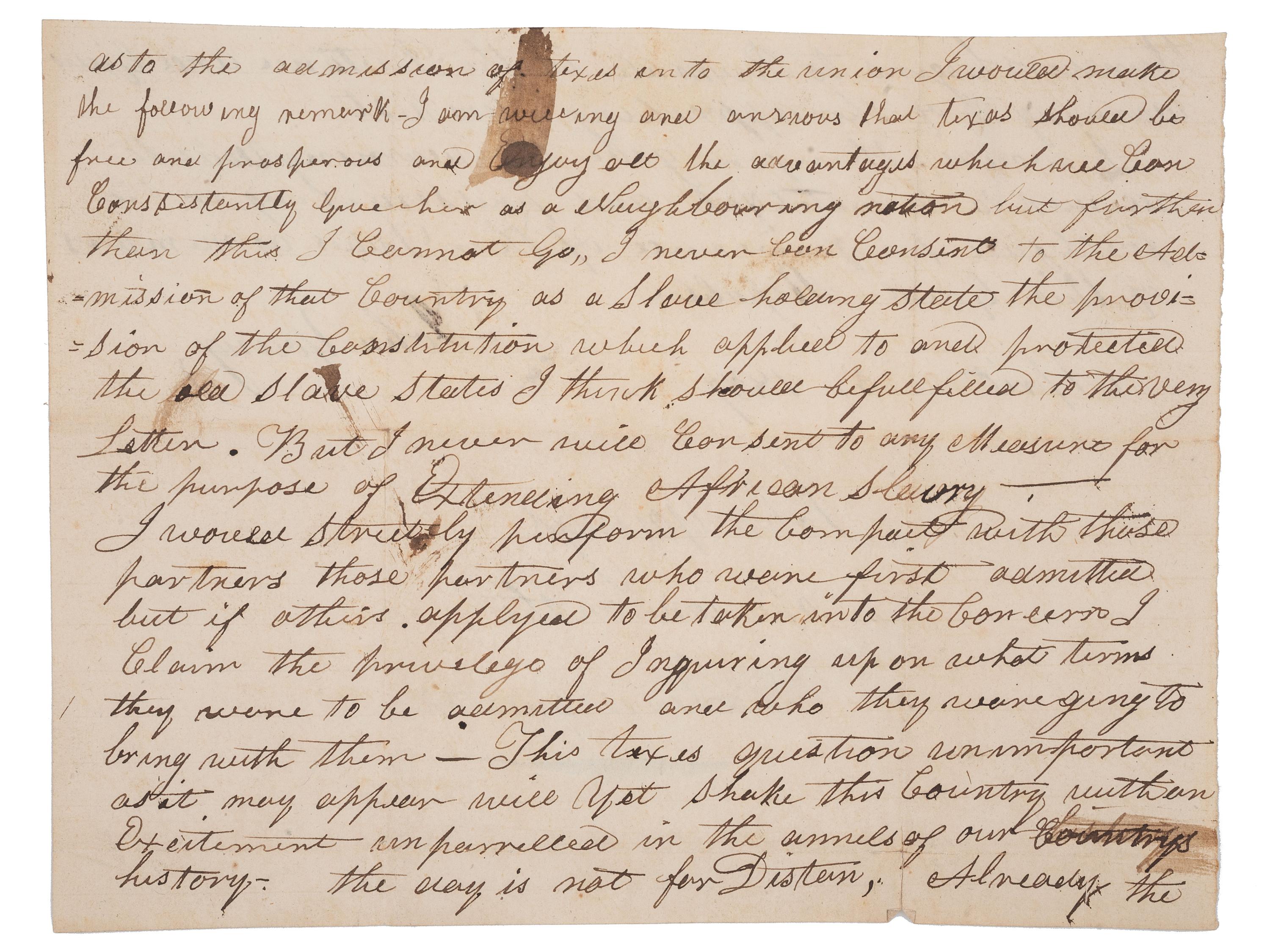 [SLAVERY & ABOLITION] -- [TEXAS] -- YOUNG, John (1802-1852). Manuscript "opinion on the Texes [ sic ] question" signed ("John Young") as U.S. Representative from the state of New York. 3 April 1837.