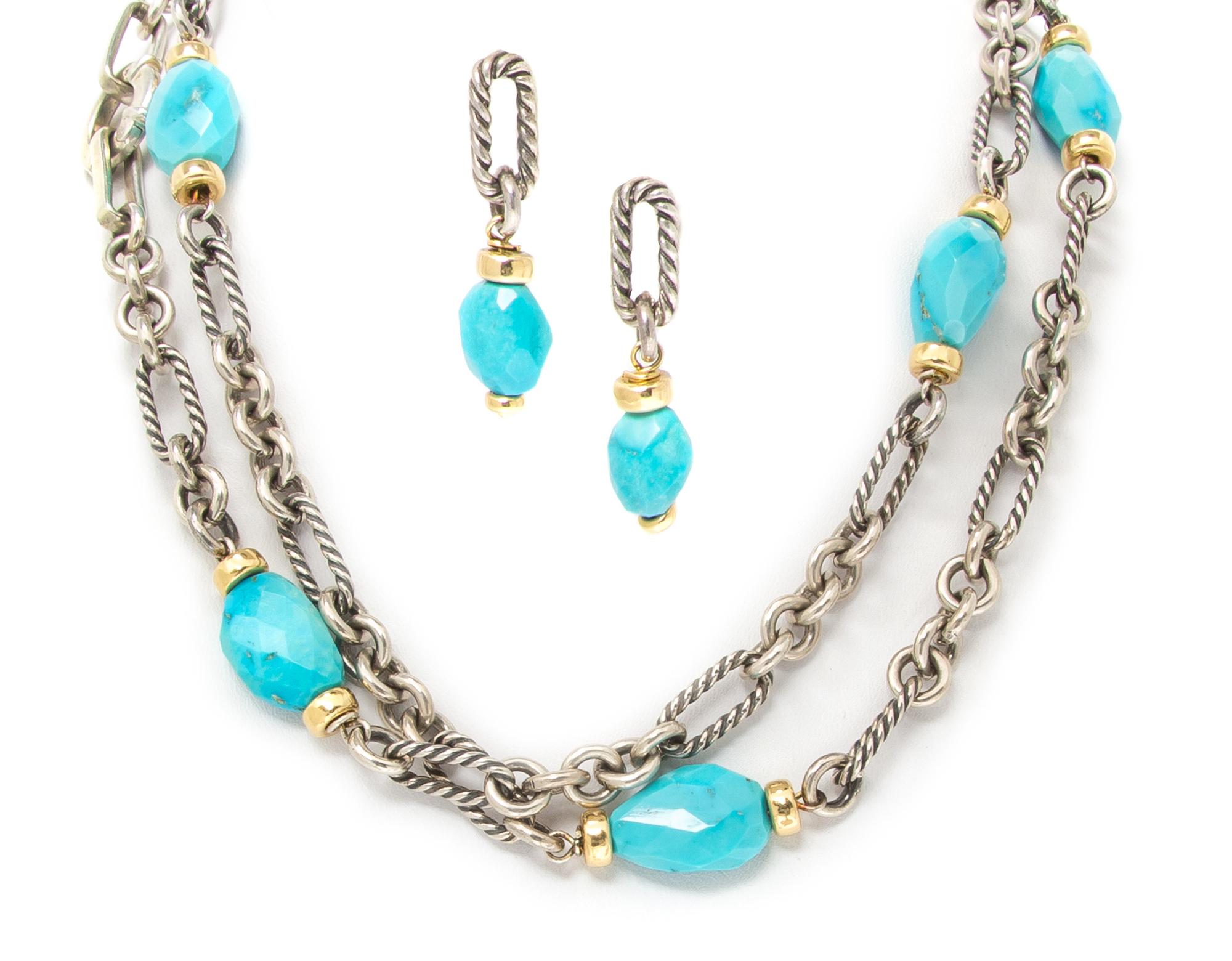A Collection of Sterling Silver, 14 Karat Yellow Gold and Turquoise Jewelry, David Yurman, 61.40 dwts.