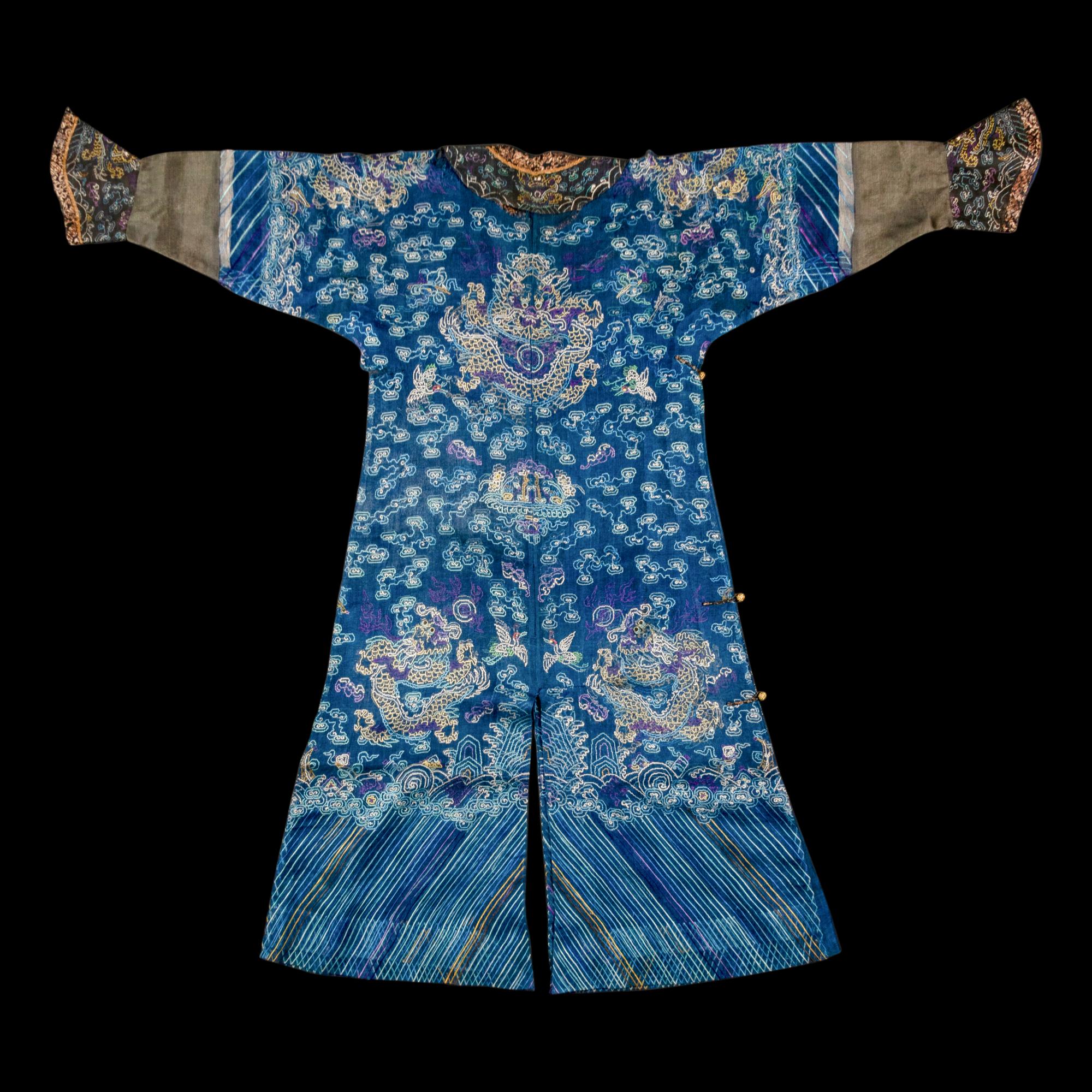 A Chinese Summer Gauze 'Dragon' Robe, Jifu, Late 19th Century 清晚期 藍地納紗繡雲龍紋夏吉服
