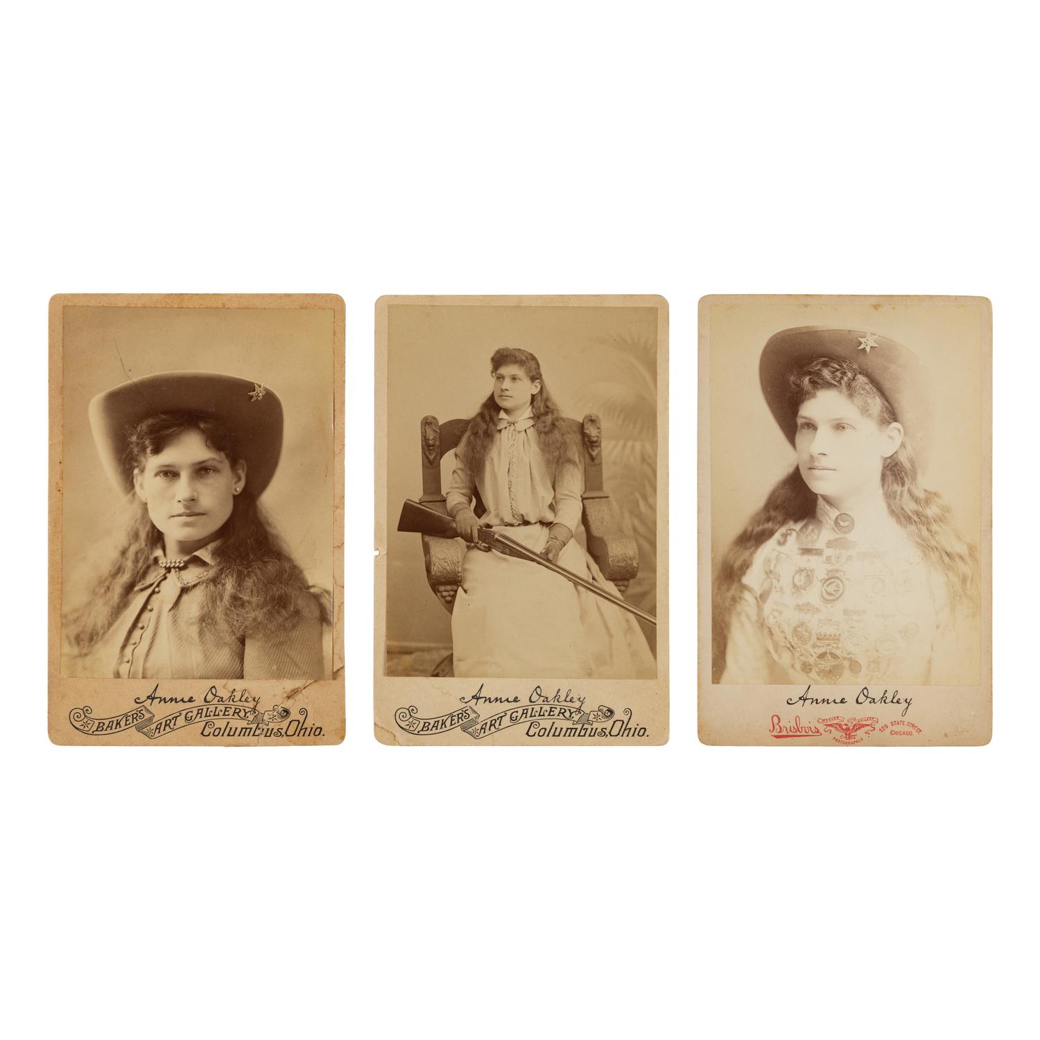 [Wild West Shows]. A group of 3 cabinet cards of Annie Oakley by Baker's Art Gallery and Brisbois.
