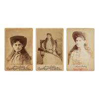 [Wild West Shows]. A group of 3 cabinet cards of Annie Oakley by Baker's Art Gallery and Brisbois.