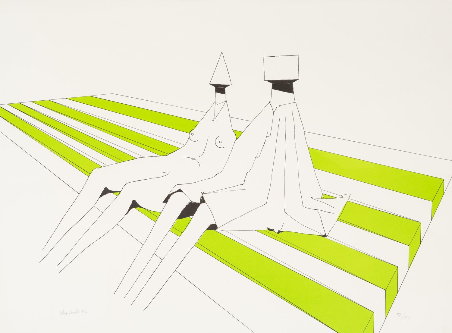 Lynn Chadwick, (English, 1914-2003), A group of three works: Two Sitting Figures on Stripes, Two Sitting Figures on Stripes I, and Two