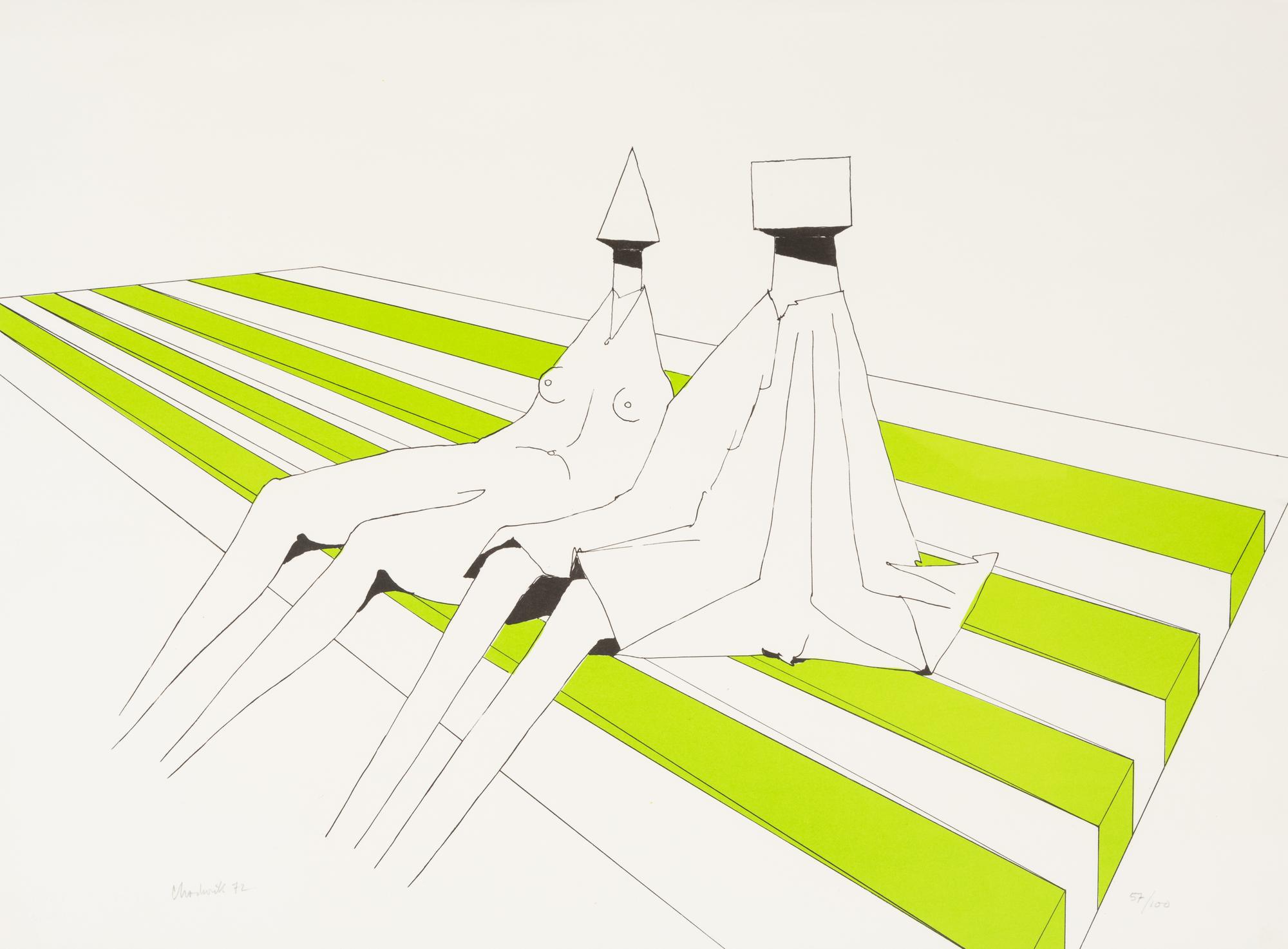 Lynn Chadwick, (English, 1914-2003), A group of three works: Two Sitting Figures on Stripes, Two Sitting Figures on Stripes I, and Two