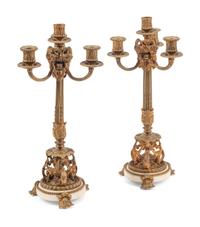 A Pair of Continental Gilt Bronze and Marble Candlesticks