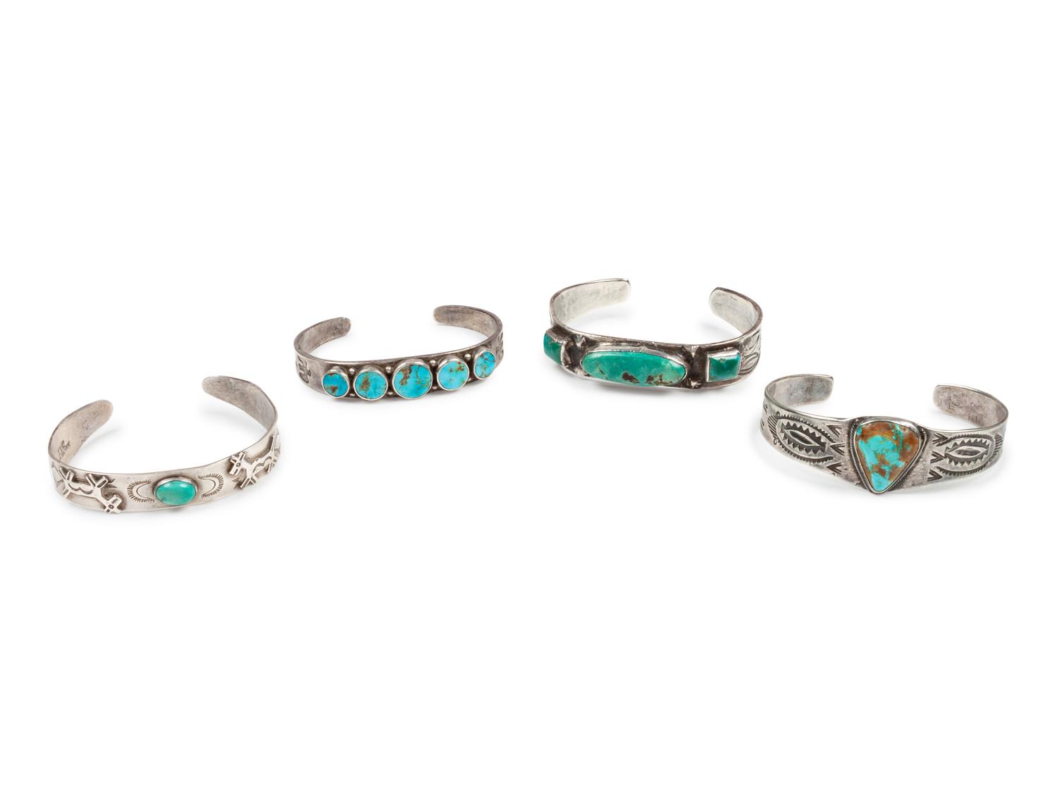 Four Fred Harvey-era Silver and Turquoise Cuff Bracelets