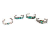 Four Fred Harvey-era Silver and Turquoise Cuff Bracelets