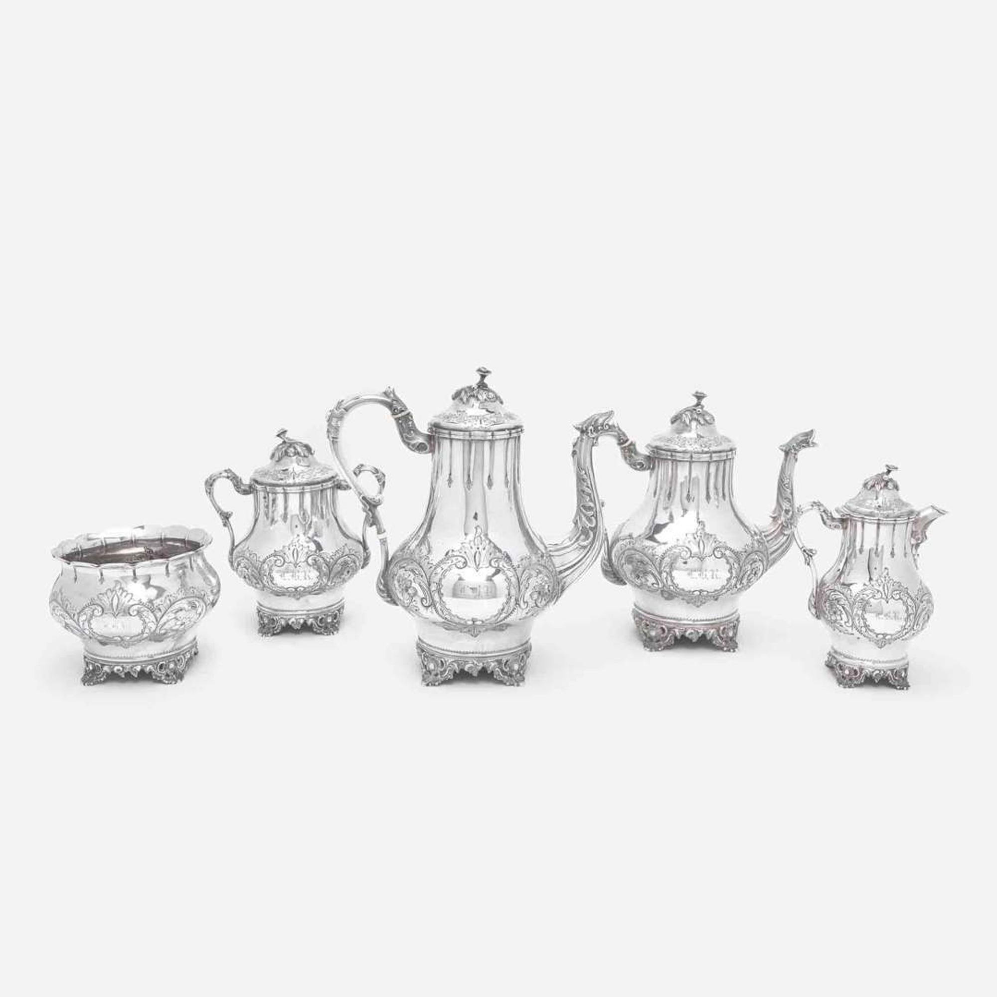 A five-piece coin silver repoussé tea and coffee service Wood & Hughes, New York, NY, circa 1850