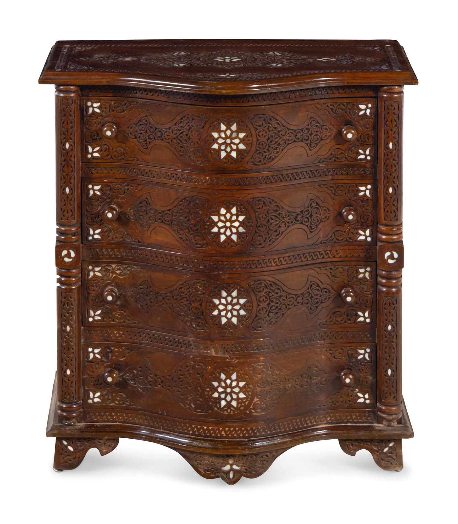 A Near Pair of Syrian Carved and Mother-of-Pearl Inlaid Walnut Serpentine Chest of Drawers
