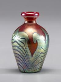 Gold Iridescent Hooked Feather on Red Vase, c. 1900