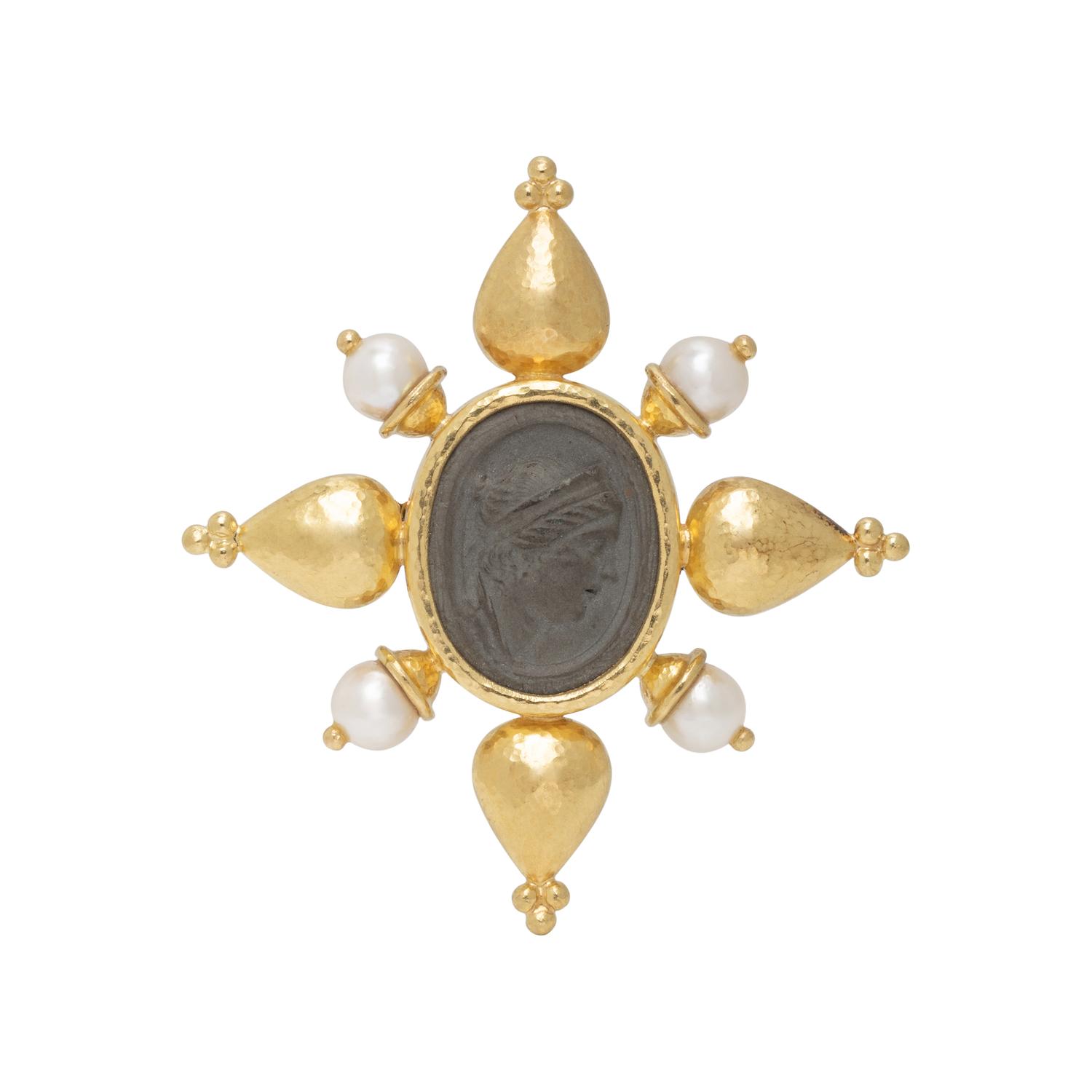 ELIZABETH LOCKE, LAVA CAMEO AND CULTURED PEARL BROOCH PENDANT