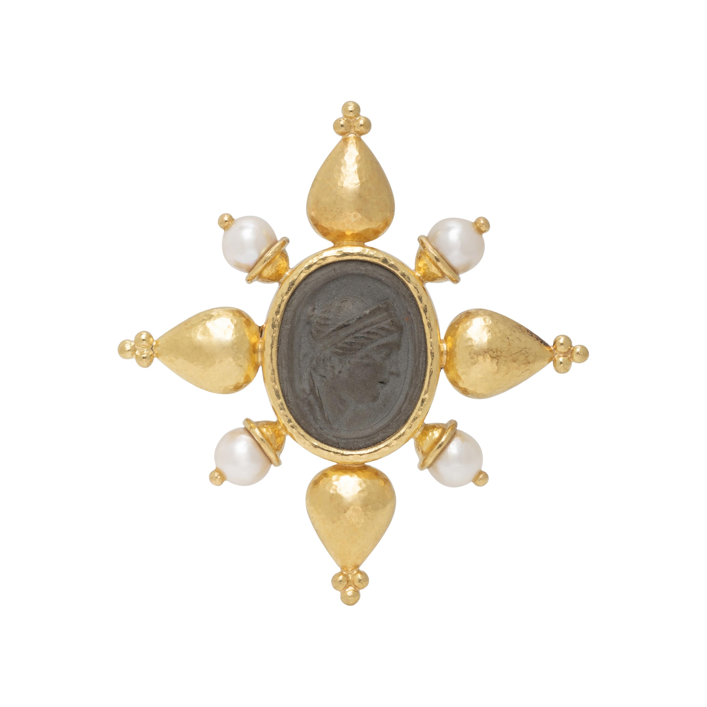 ELIZABETH LOCKE, LAVA CAMEO AND CULTURED PEARL BROOCH PENDANT