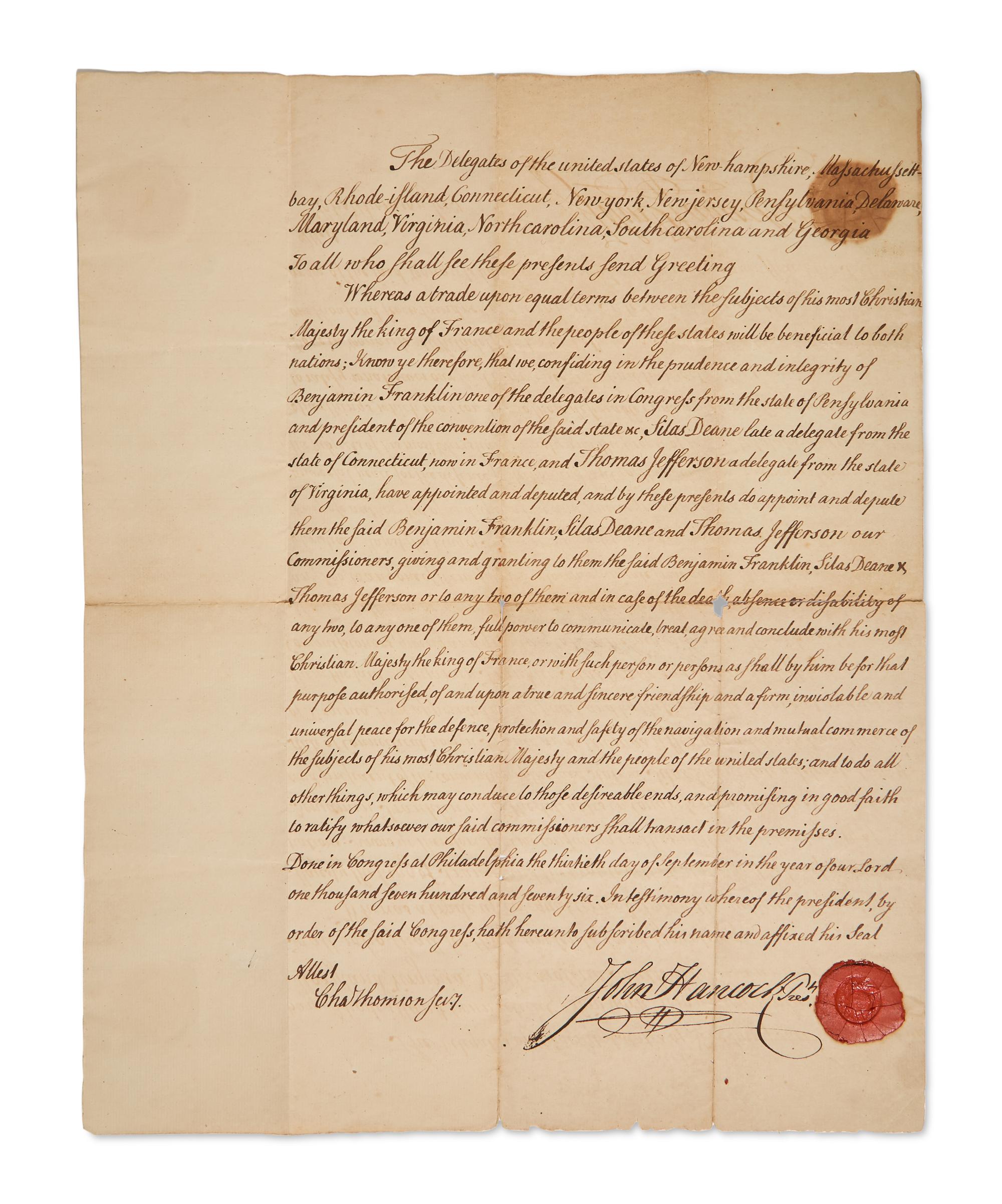 [American Revolution] Hancock, John. Manuscript Document, signed