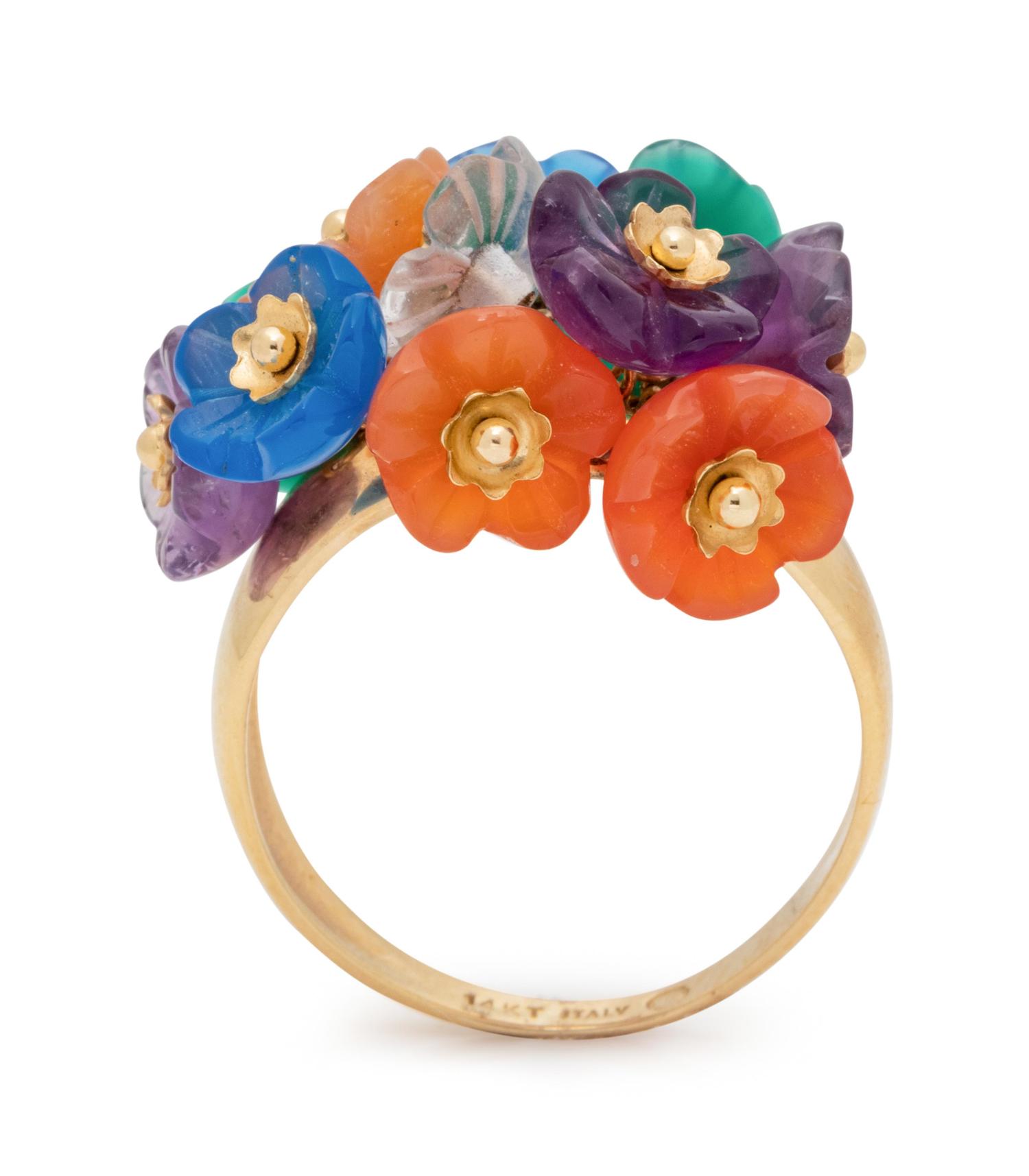 A 14 Karat Yellow Gold and Multigem Flower Ring, Italian,