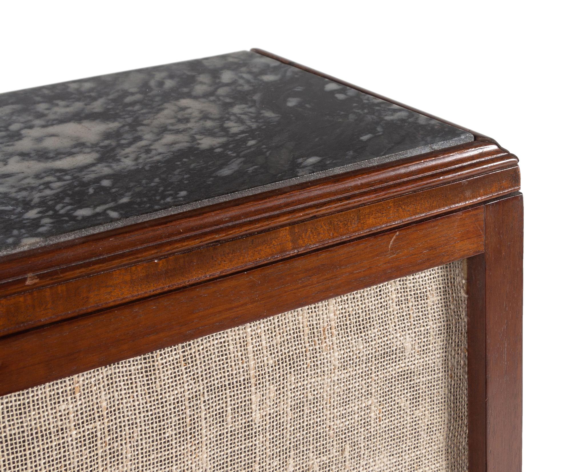 A George III Style Mahogany Marble-Inset Cylinder-Top Bureau