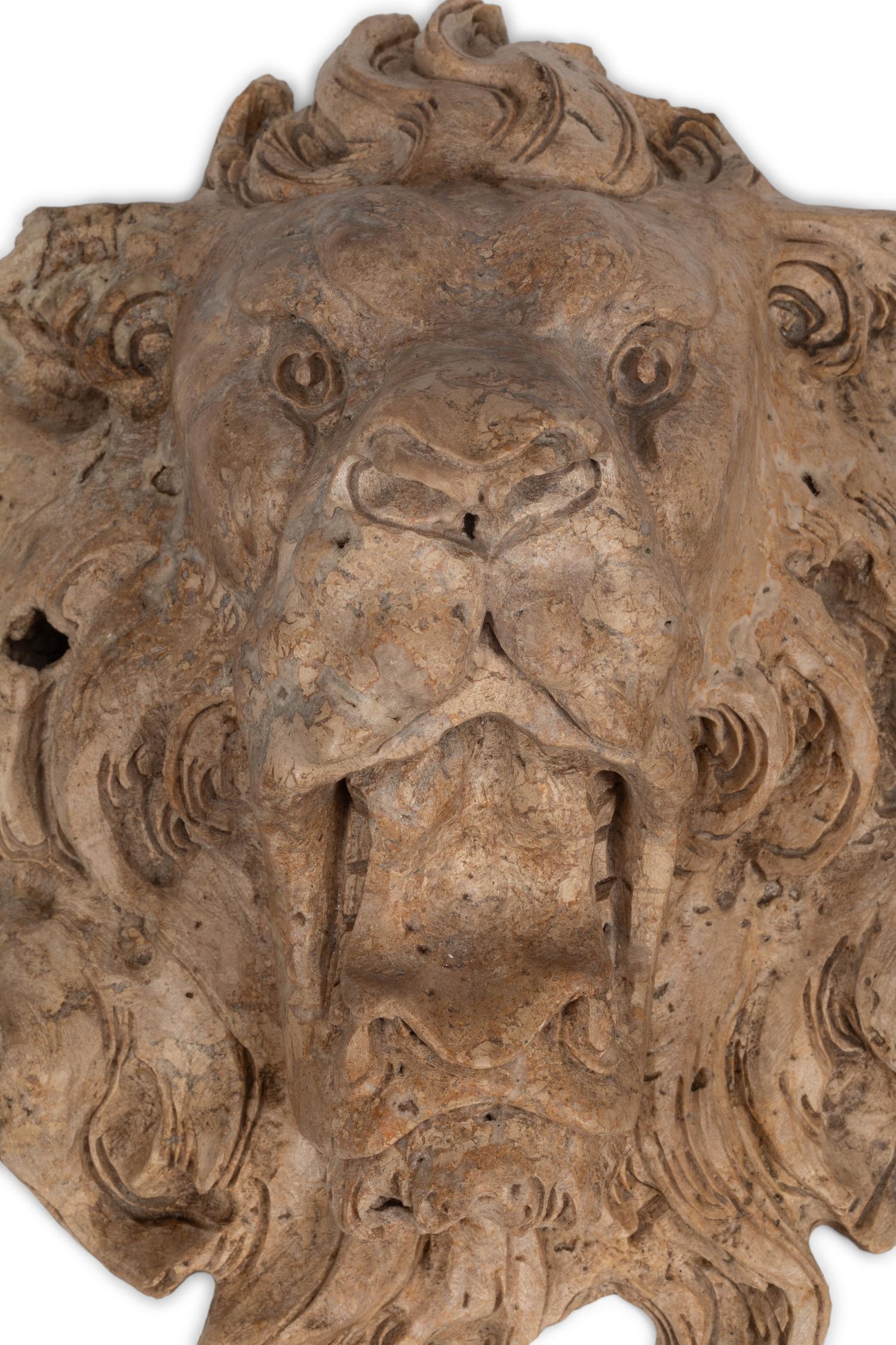 Two Italian Carved Stone Lion Fountain Masks