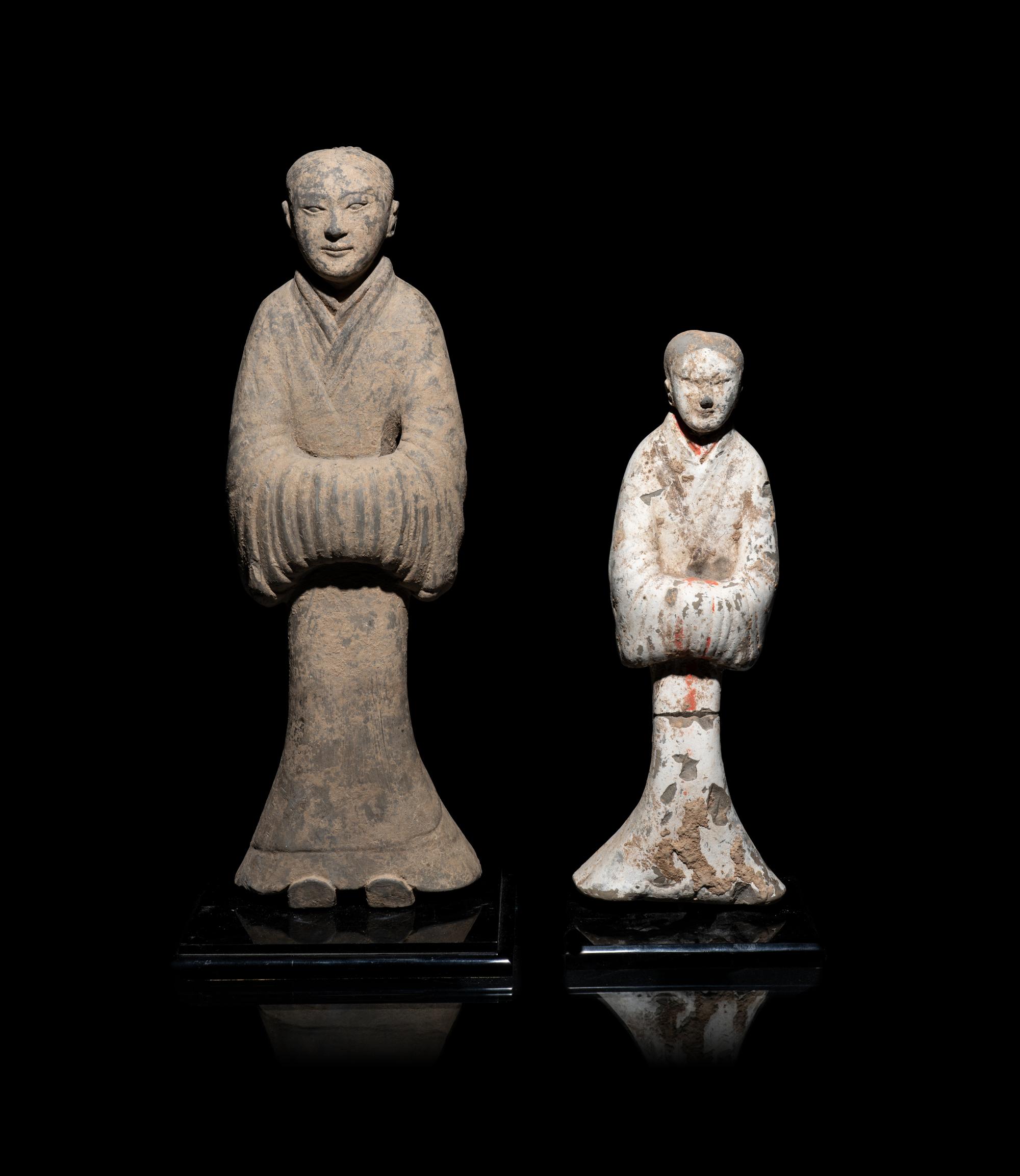 Two Chinese Painted Pottery Figures of Attendants