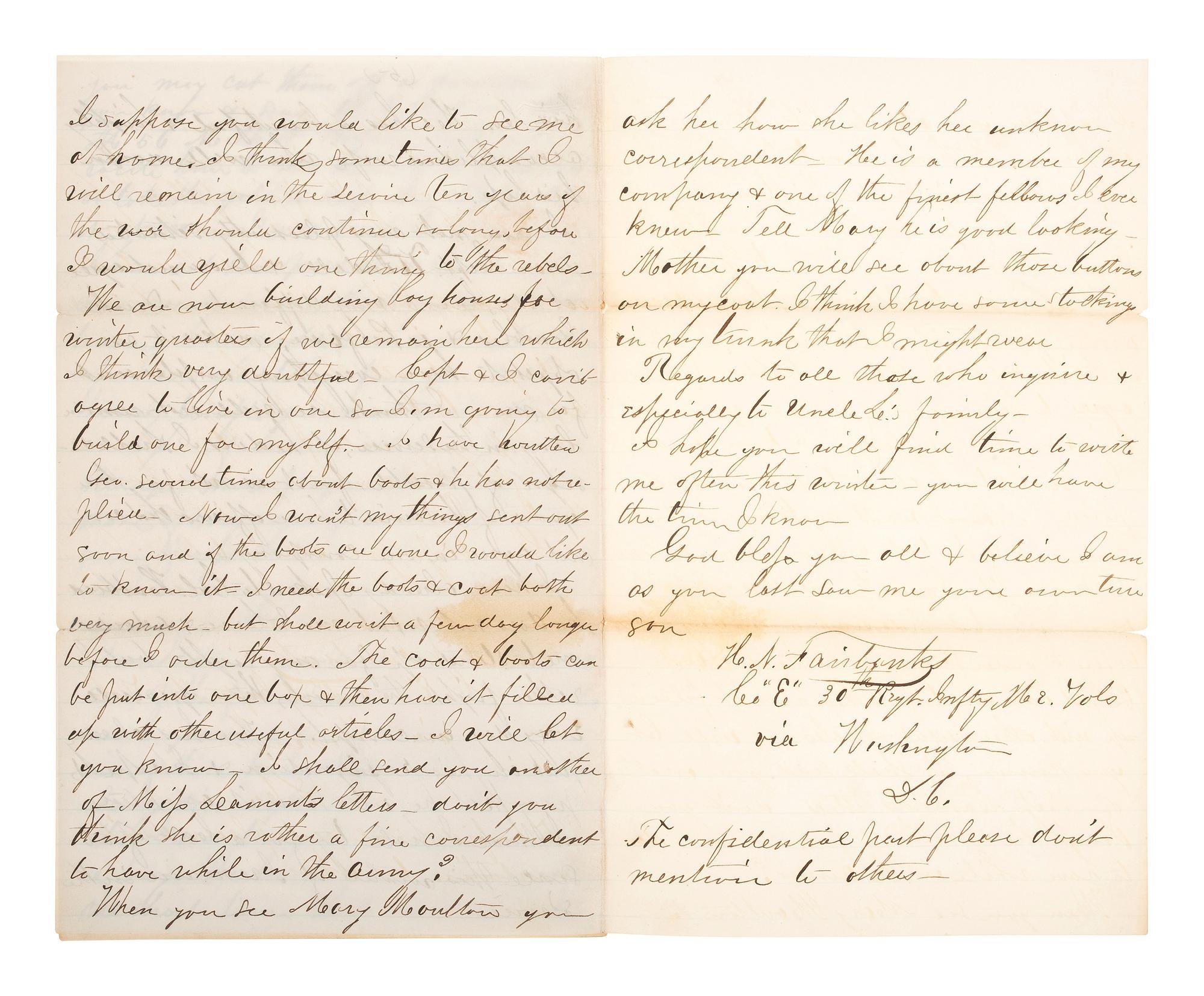 [CIVIL WAR]. Letter from Lt. Henry N. Fairbanks, Co. E, 30th Maine Infantry. 23 November 1864.
