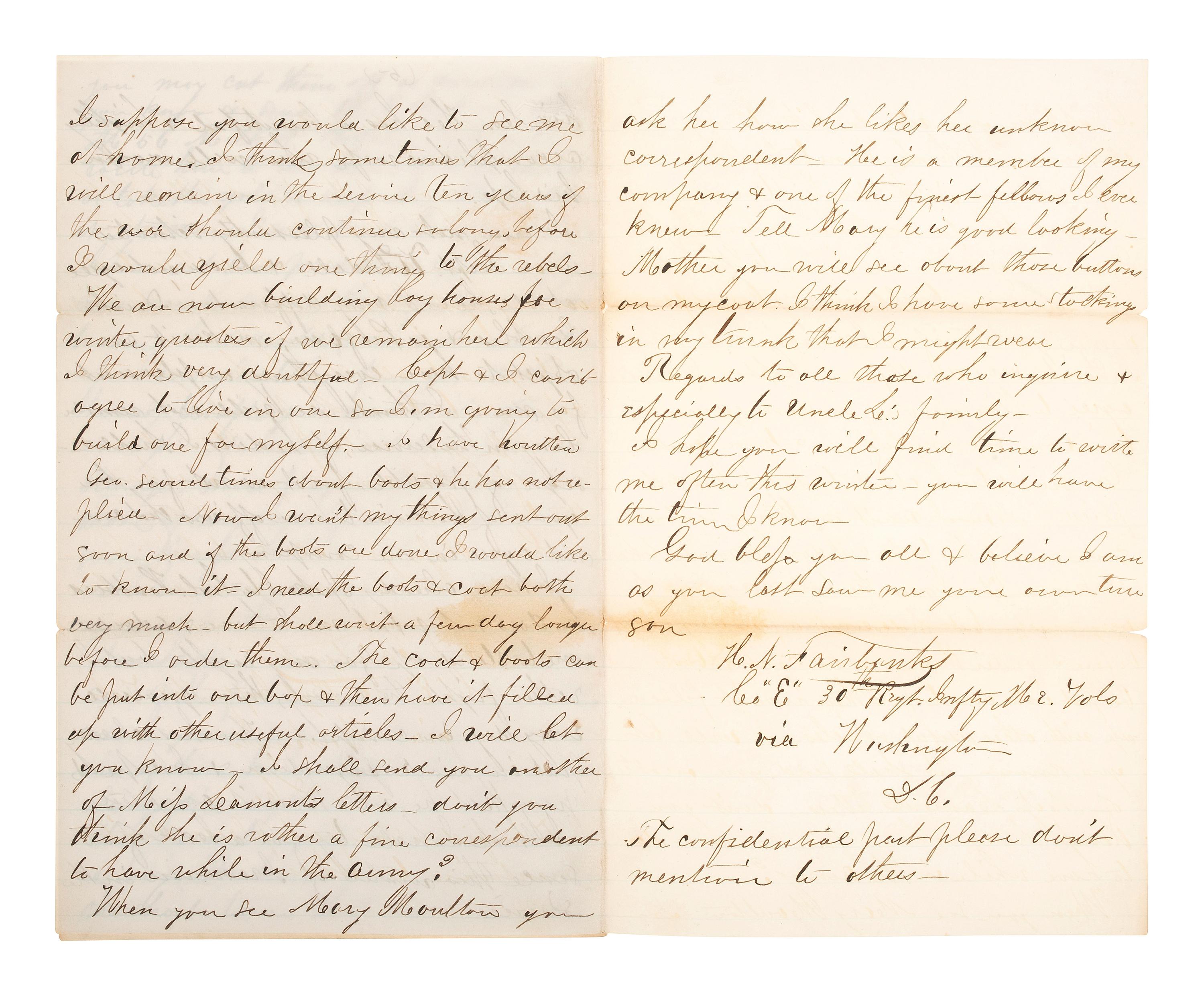 [CIVIL WAR]. Letter from Lt. Henry N. Fairbanks, Co. E, 30th Maine Infantry. 23 November 1864.