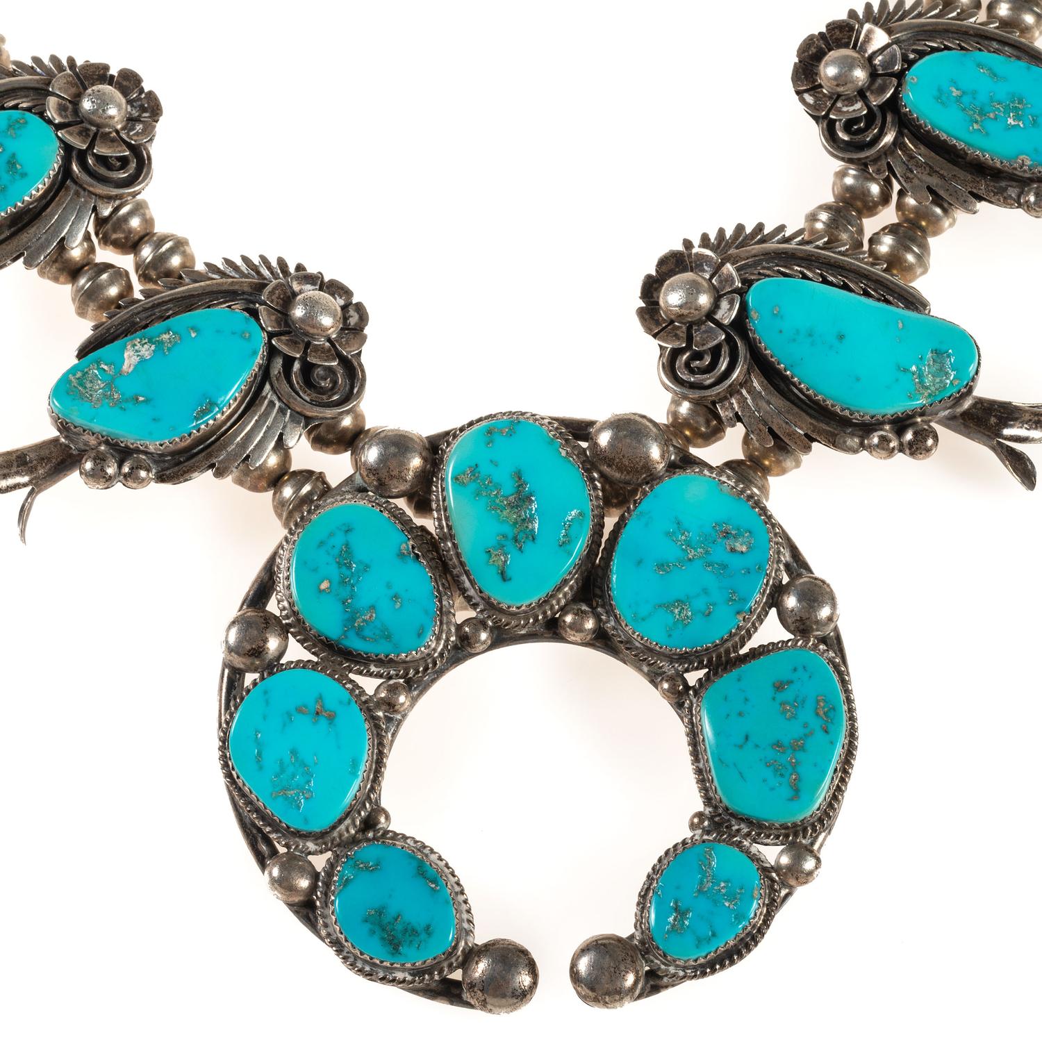 Navajo Silver and Turquoise Squash Blossom Necklace