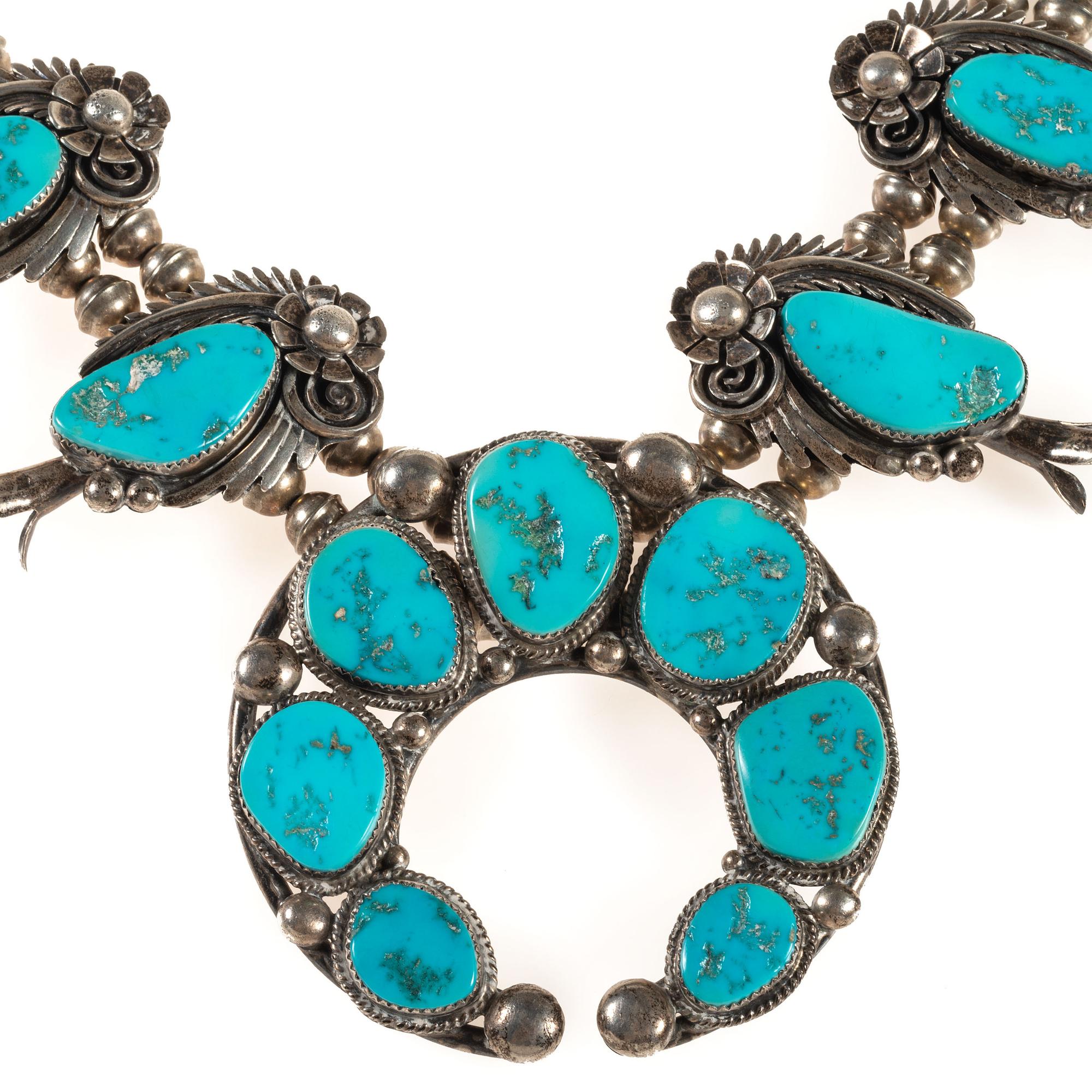 Navajo Silver and Turquoise Squash Blossom Necklace