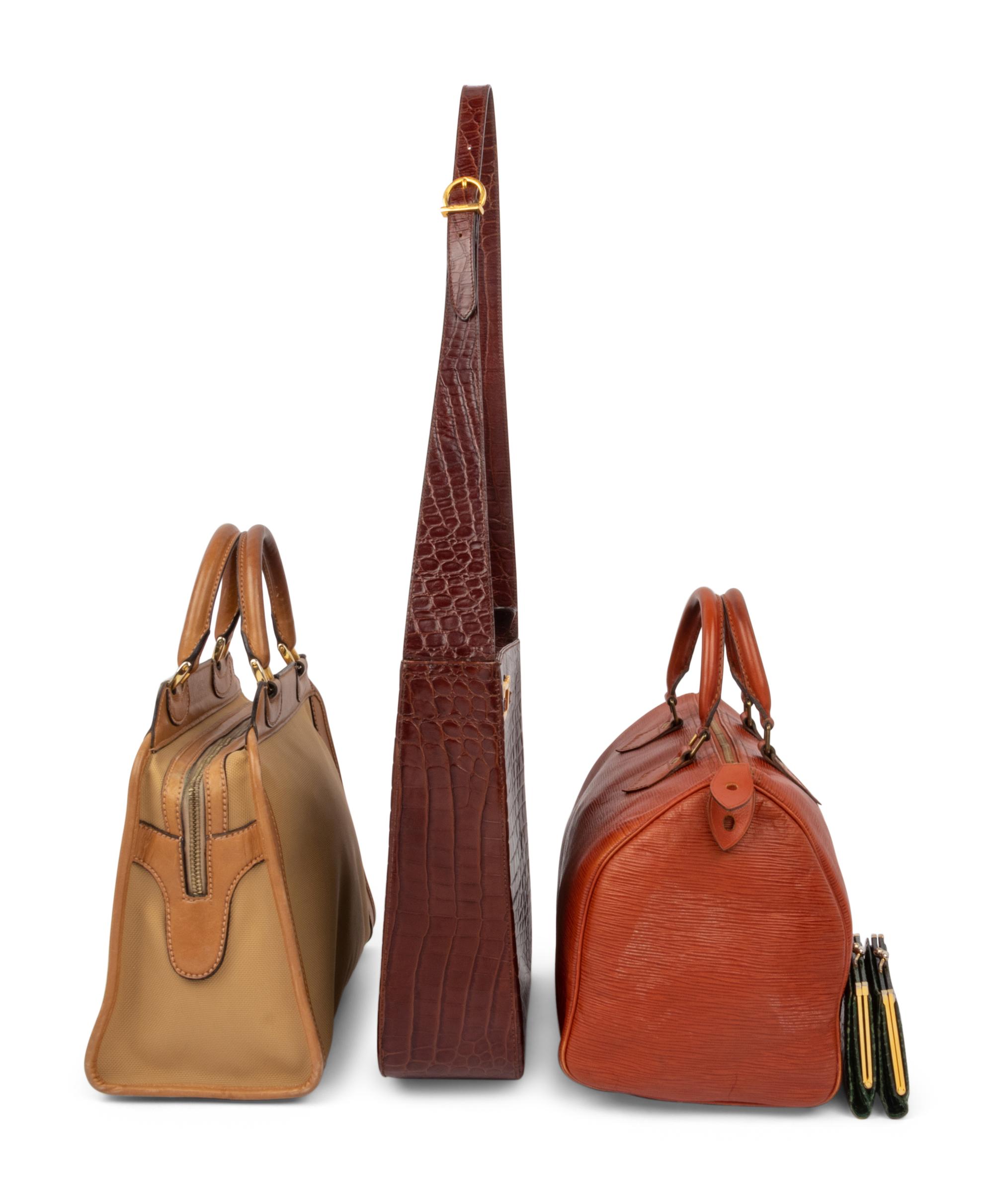 Five Designer Pieces: Two Mark Cross Cobra Skin Wallets, Ferragamo Bag, Gucci Bag, Louis Vuitton Speedy 30, 1970-90s