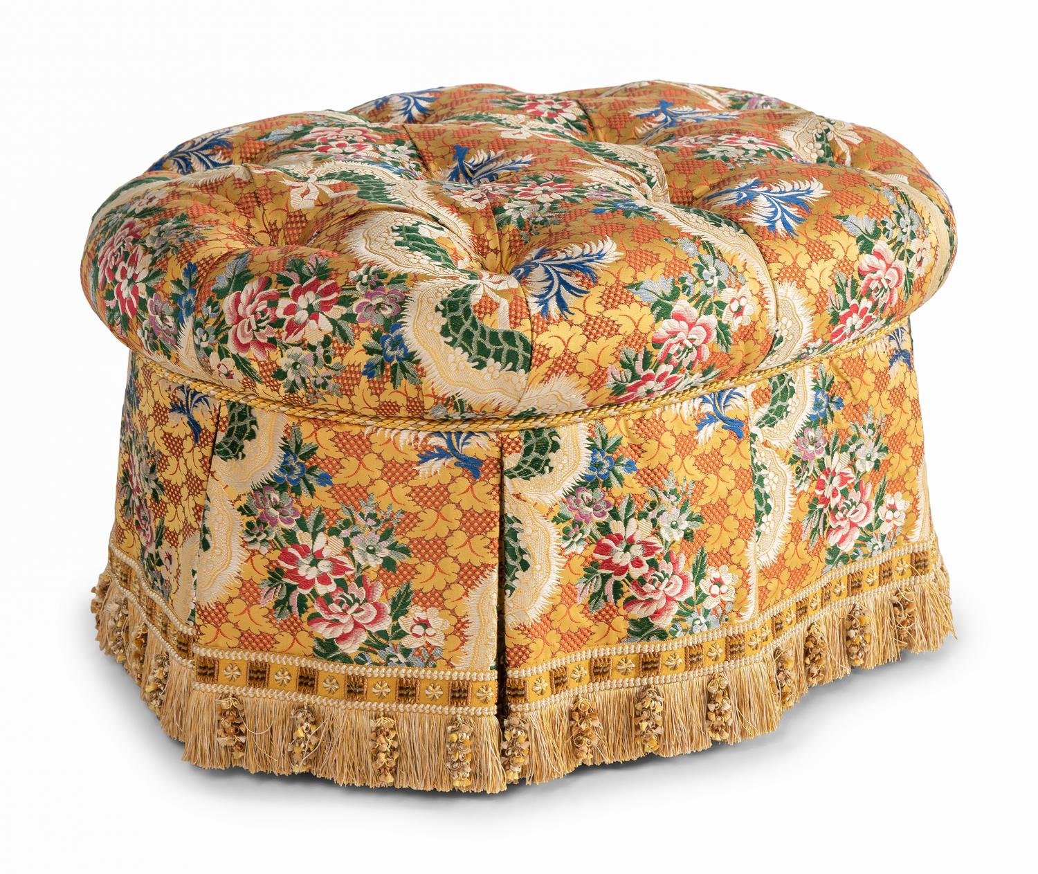 A Button-Tufted Ottoman with Jacquard Upholstery