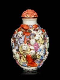 A Chinese Molded Famille Rose Porcelain ‘Luohan’ Snuff Bottle