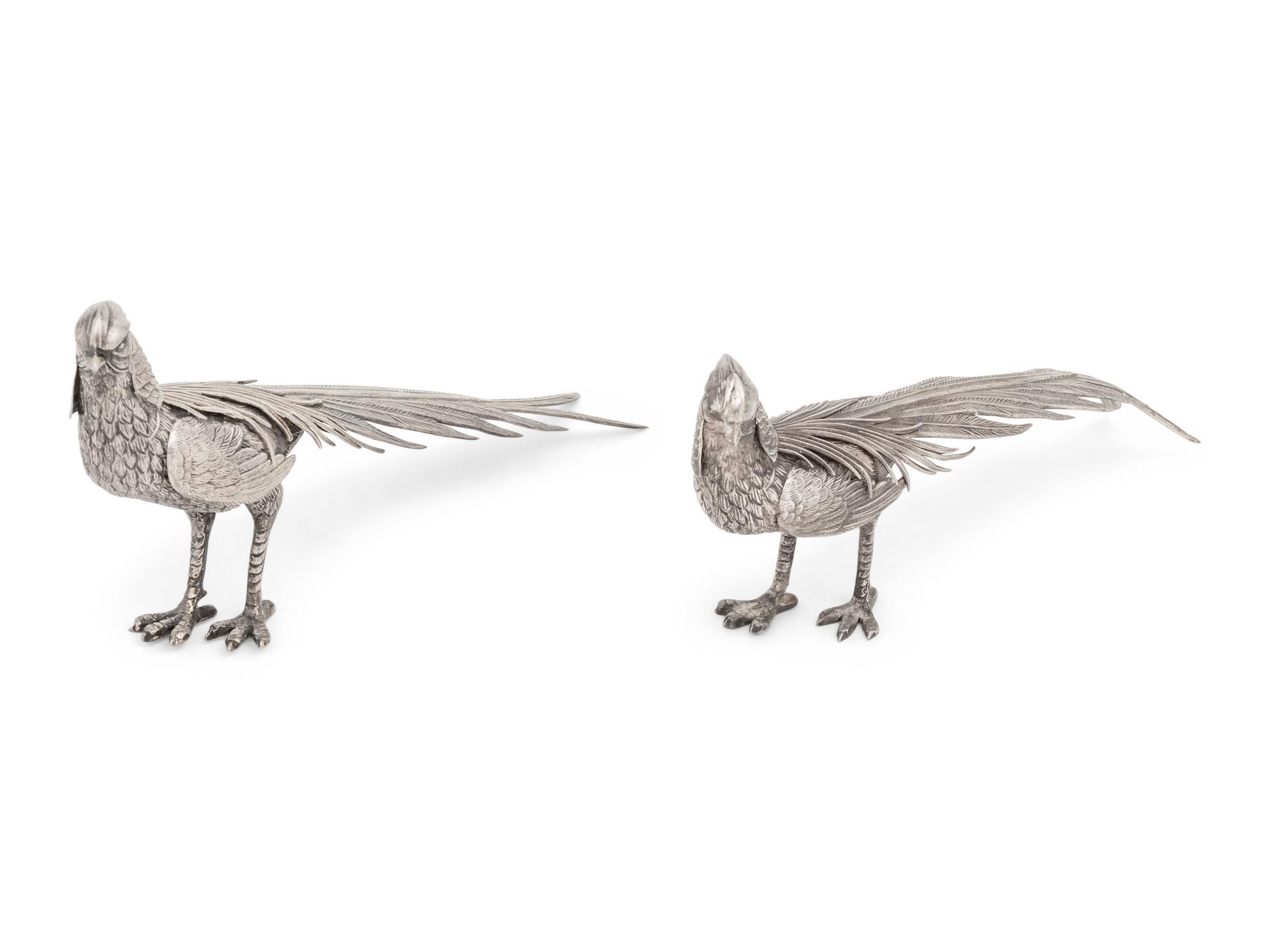 A Pair of Spanish Silver Pheasant Table Ornaments