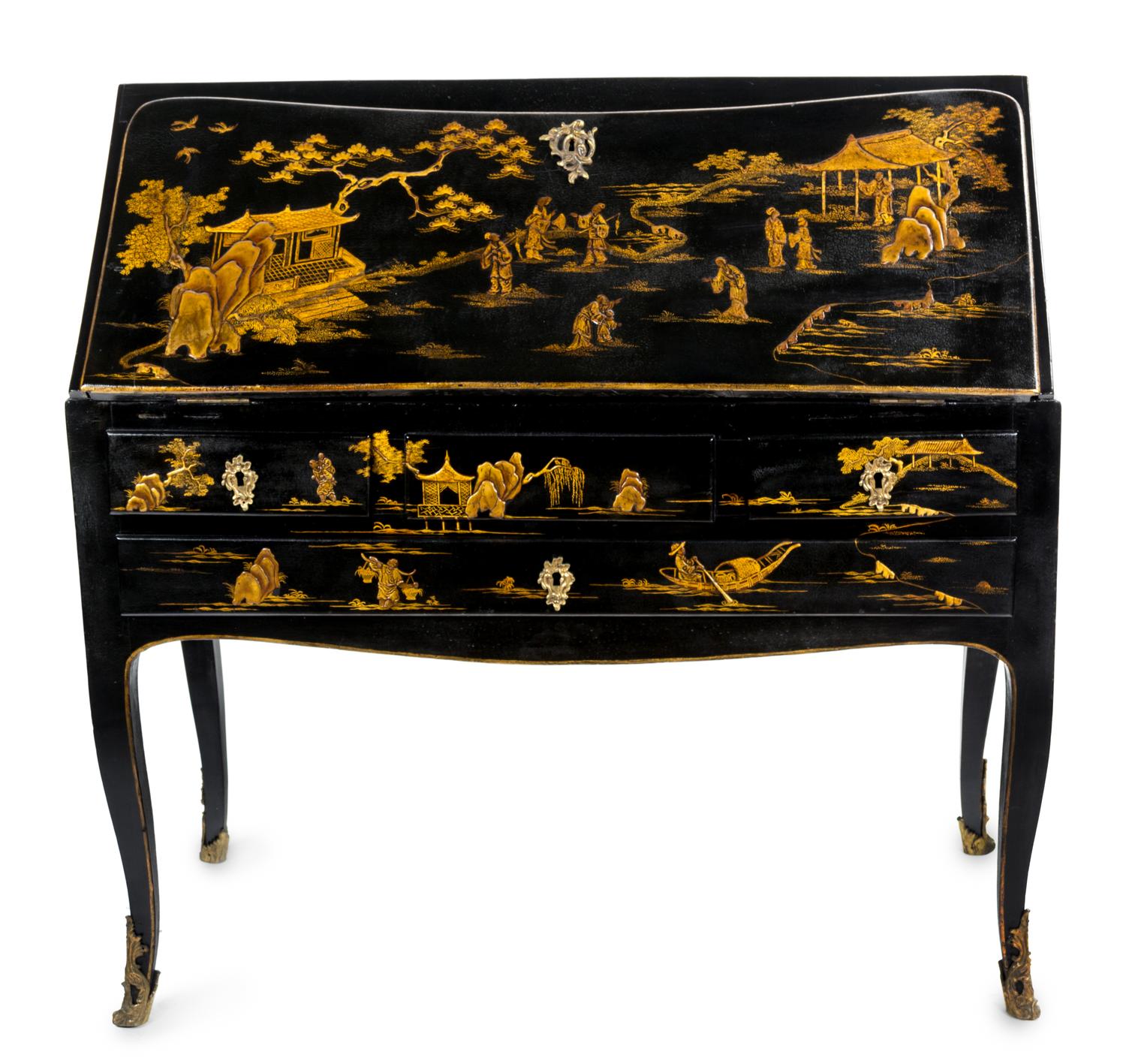 A Louis XV Provincial Japanned Bureau de Dame Height 37 x width 37 1/2 x depth 17 1/4 inches. — LATE 18TH CENTURY AND REDECORATED