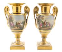 A Pair of Paris Porcelain Urns, Height 12 1/2 inches.