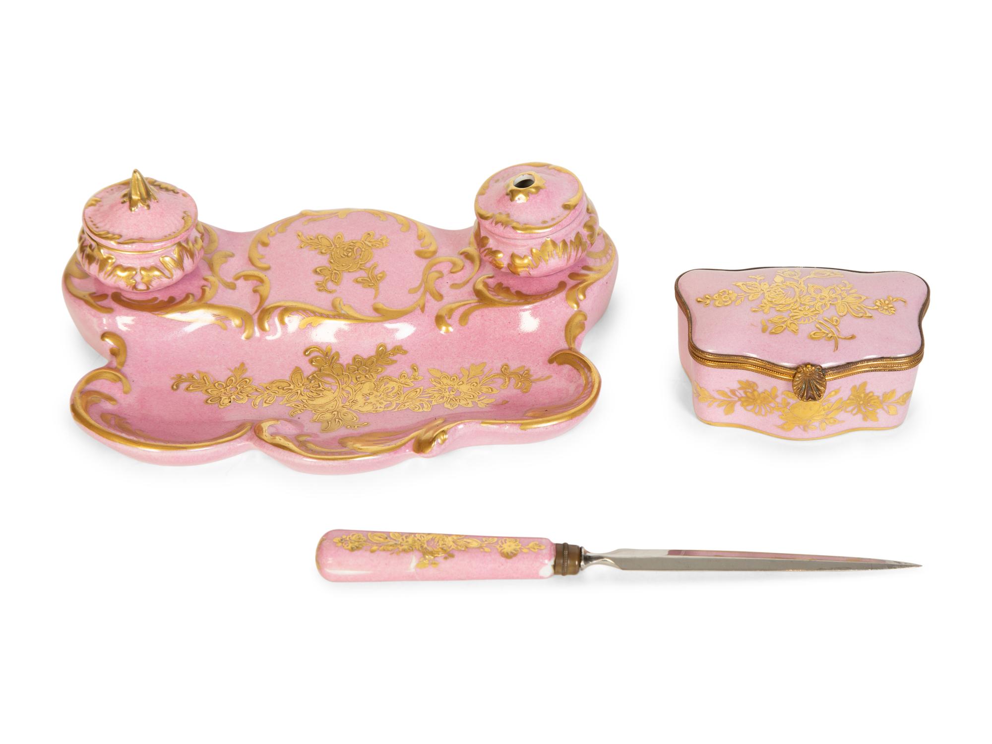 A Louis XV Style Gilt Bronze Inkwell and a Sèvres Style Porcelain Standish