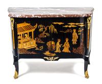 A Louis XV/XVI Transitional Style Ebonized Wood and Marquetry Commode Height 34 1/2 x width 47 1/2 x depth 21 1/4 inches. — 19TH CENTURY