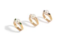 YELLOW GOLD, CULTURED PEARL, DIAMOND AND GEMSTONE RING SET