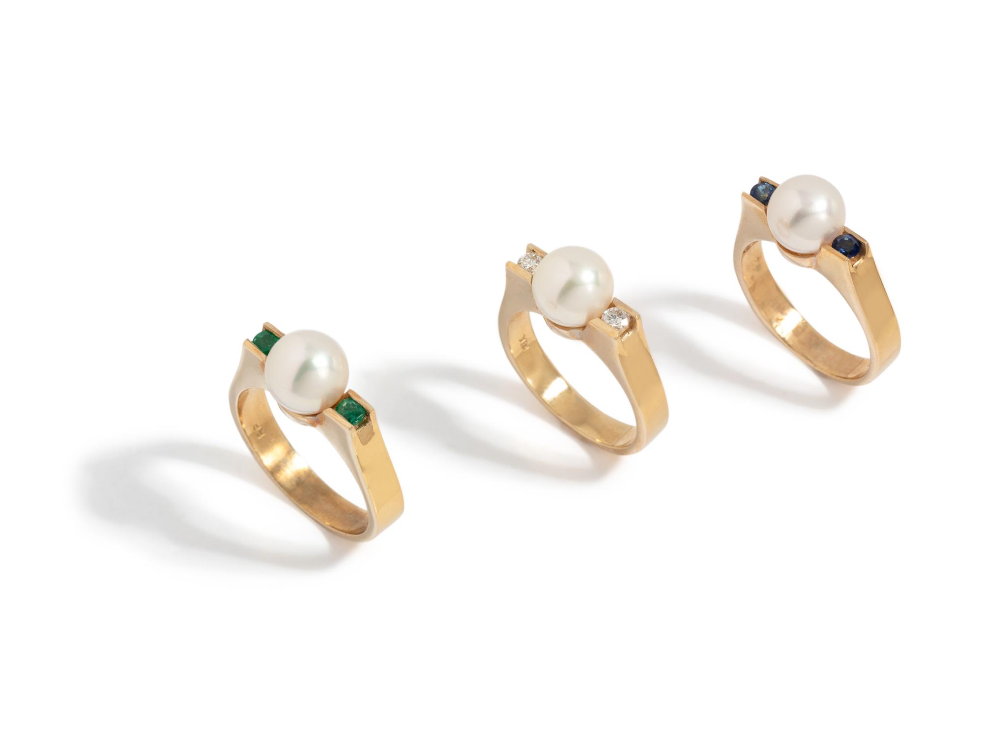 YELLOW GOLD, CULTURED PEARL, DIAMOND AND GEMSTONE RING SET