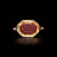 A Late Roman or Byzantine Red Jasper Intaglio with a Monogram — Set in a 19th Century gold ring