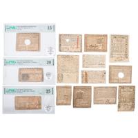 [COLONIAL CURRENCY]. A group of 14 notes from Massachusetts, New Hampshire, Rhode Island, Delaware, New Jersey, Pennsylvania, and North Carolina, including: