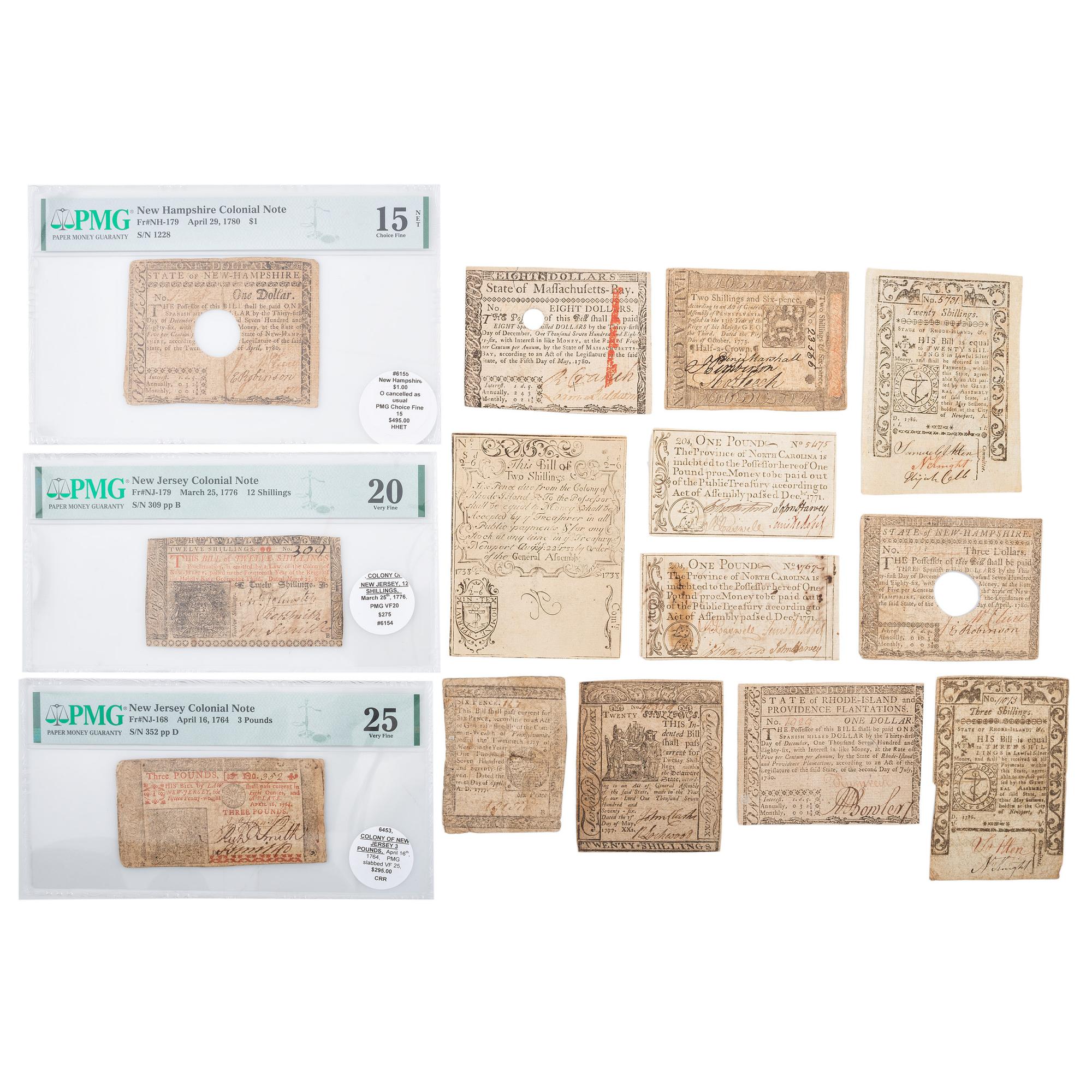 [COLONIAL CURRENCY]. A group of 14 notes from Massachusetts, New Hampshire, Rhode Island, Delaware, New Jersey, Pennsylvania, and North Carolina, including:
